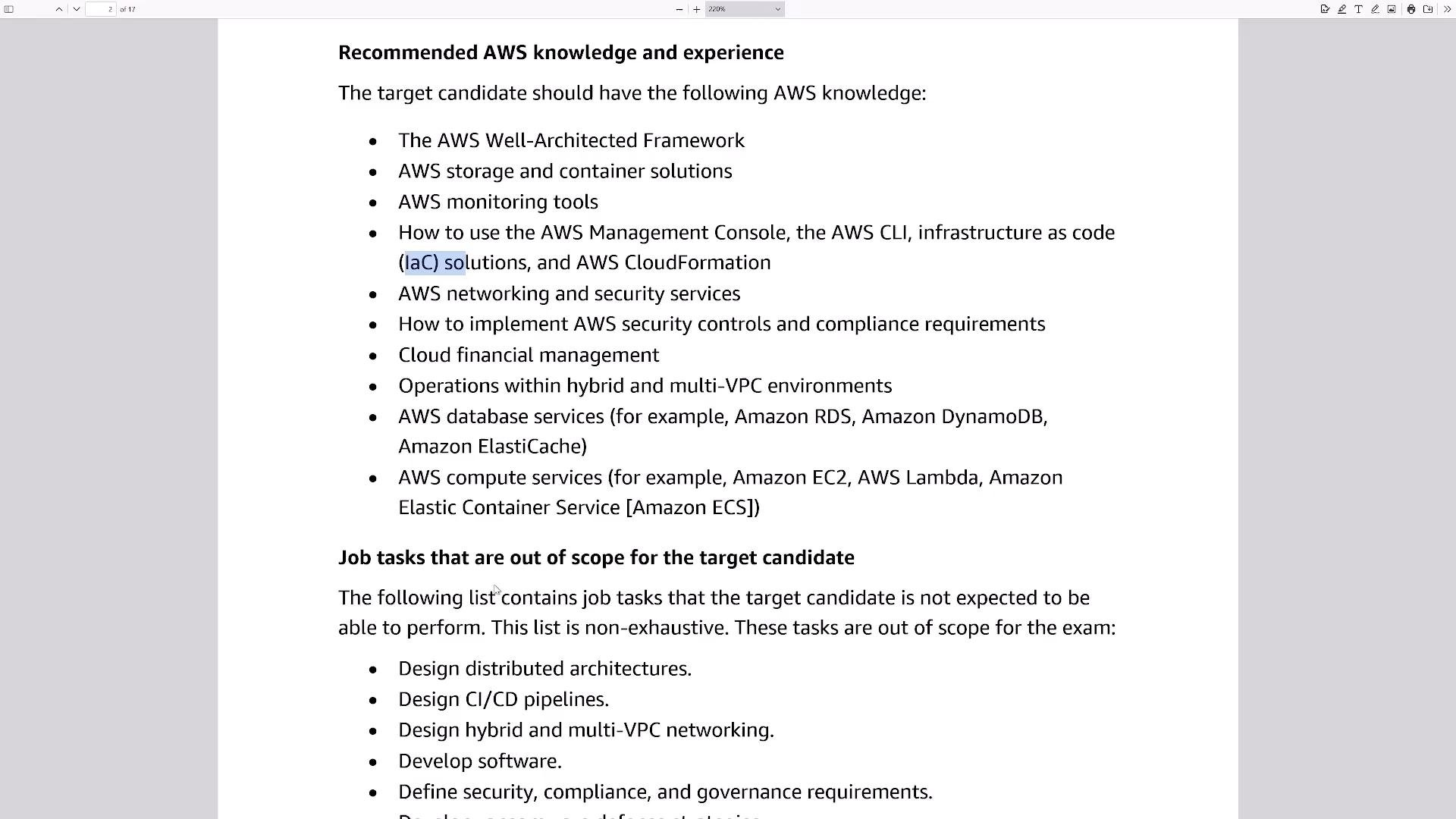 A screenshot of a document page titled "Recommended AWS knowledge and experience" showing a bulleted list of required AWS topics (Well‑Architected Framework, storage and containers, monitoring, IaC/CloudFormation, networking/security, databases and compute services, etc.). Below it is the heading for a new section, "Job tasks that are out of scope for the target candidate."