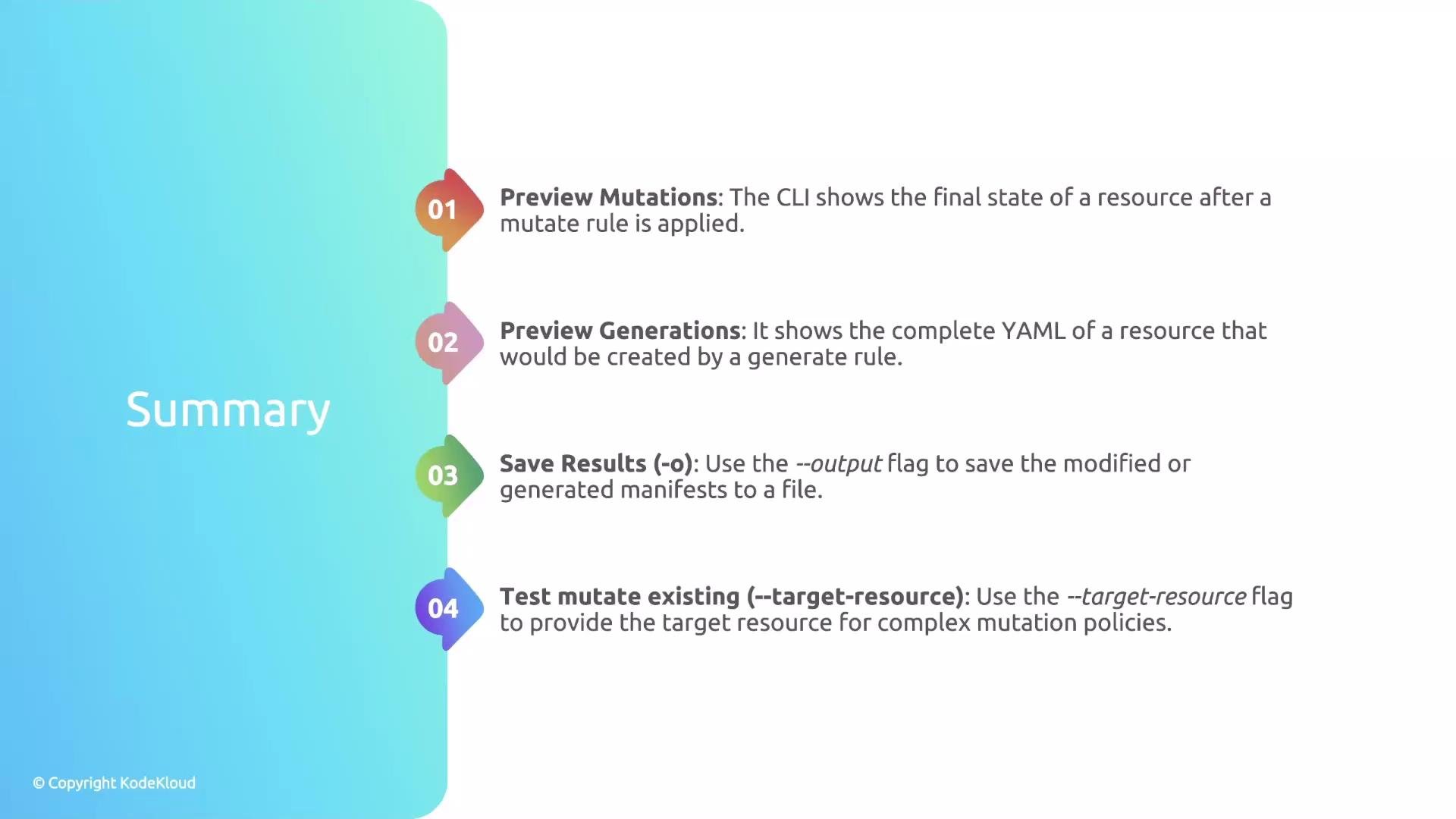 The image is a summary with a gradient background, detailing four points related to CLI operations: preview mutations, preview generations, save results, and test mutate existing. Each point includes a brief description and is numbered with colorful labels.