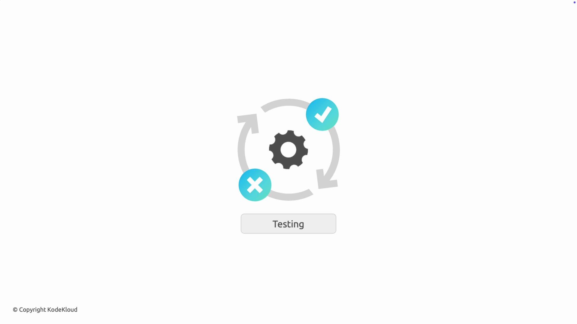 The image shows a gear surrounded by circular arrows with a check mark and an X mark, labeled "Testing."