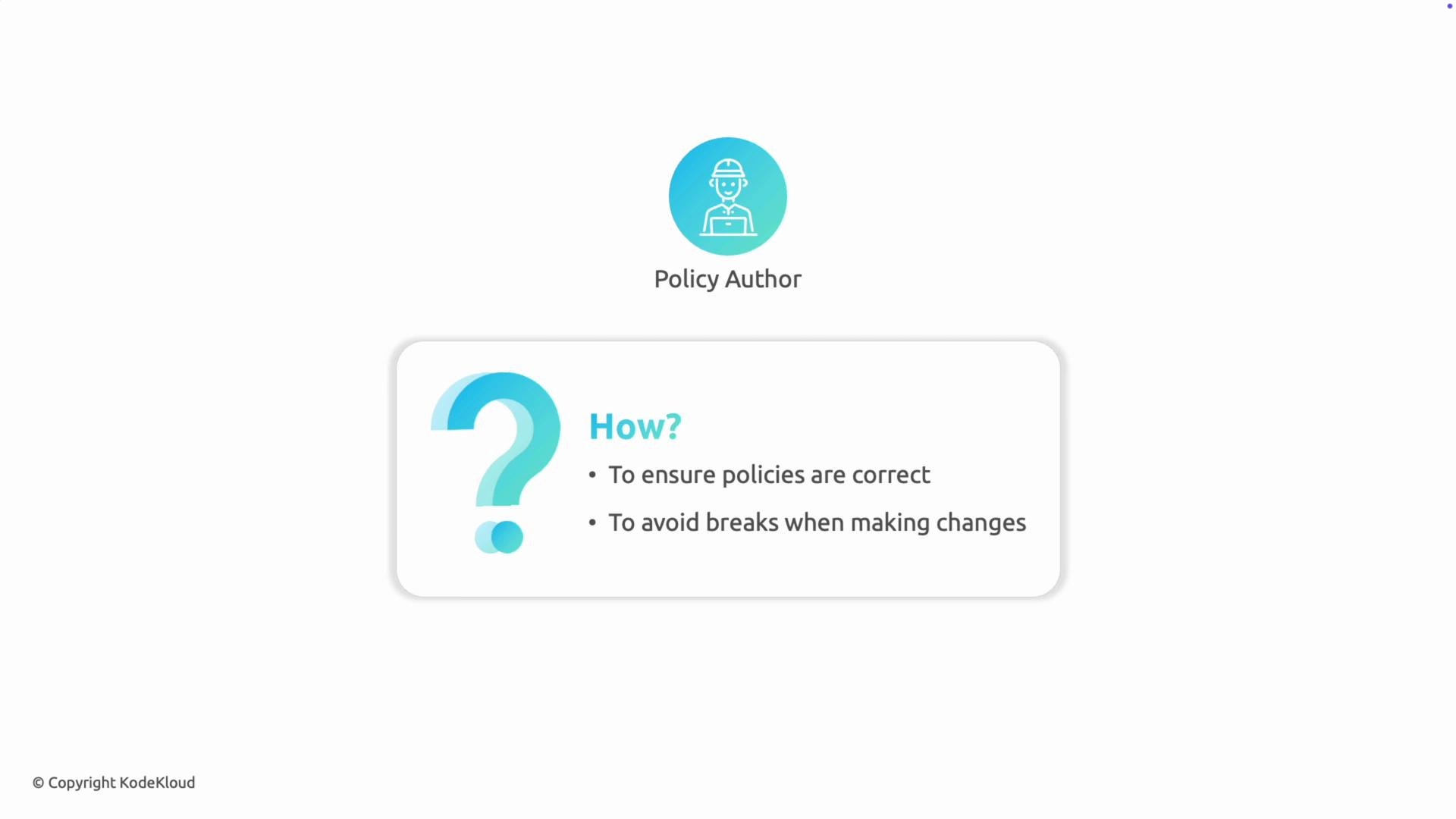 The image illustrates a role titled "Policy Author" and highlights the importance of ensuring policies are correct and avoiding breaks when making changes.