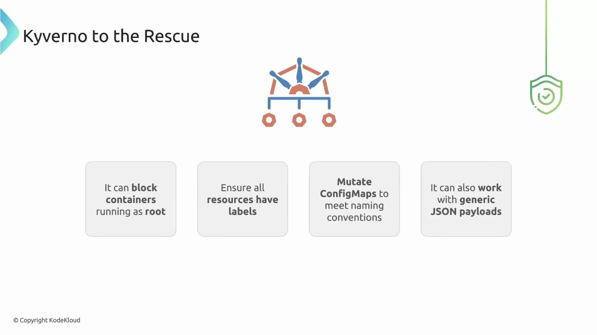 The image is a presentation slide about "Kyverno to the Rescue" and highlights its features like blocking containers running as root, ensuring resources have labels, mutating ConfigMaps for naming conventions, and working with generic JSON payloads.