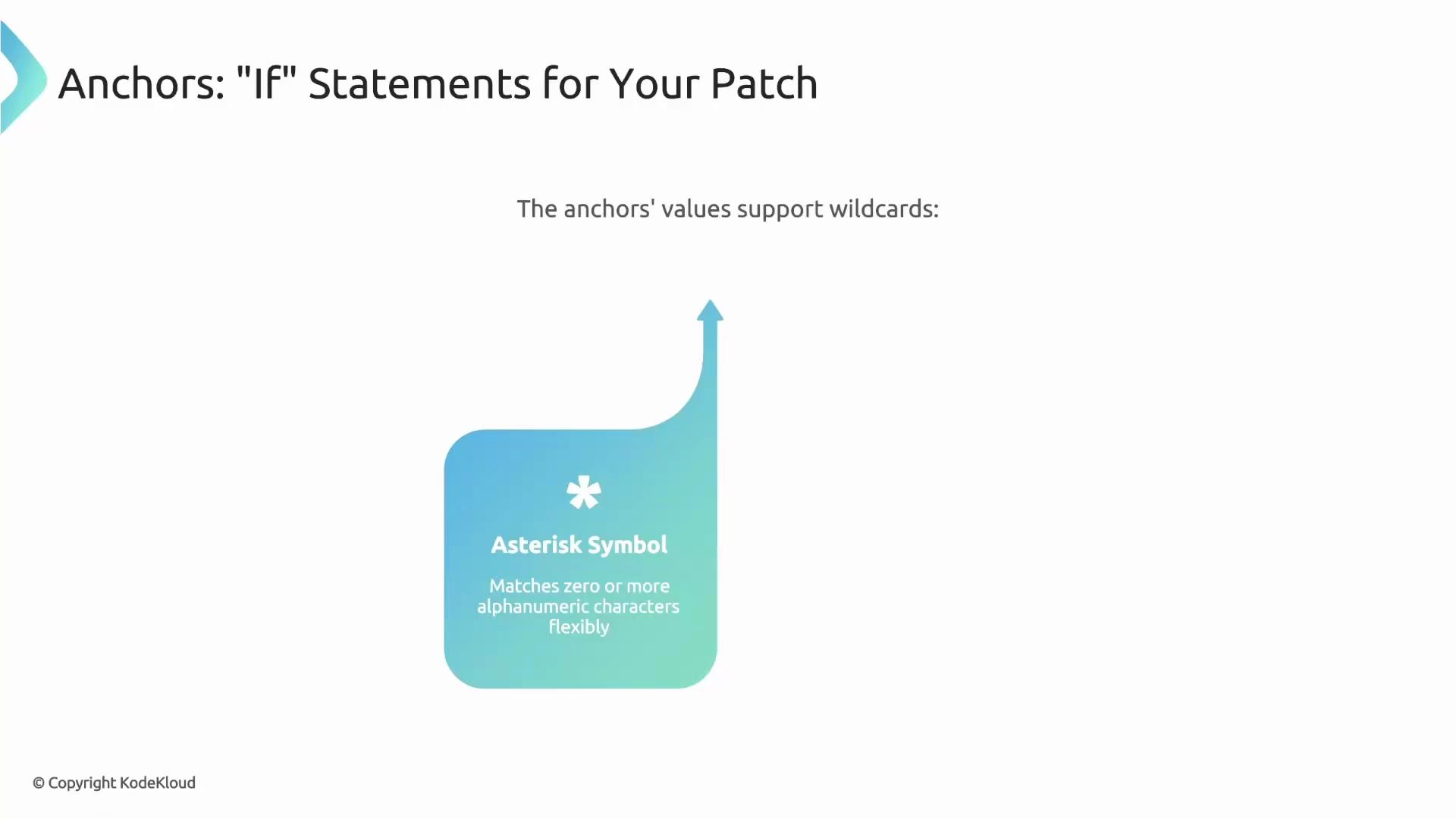The image explains how anchors in "if" statements for patches support wildcards, specifically the asterisk symbol, which matches zero or more alphanumeric characters flexibly.