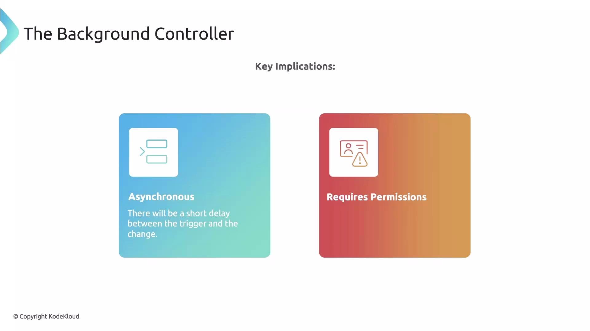 The image is a presentation slide titled "The Background Controller," highlighting two key implications: "Asynchronous," indicating a short delay between the trigger and the change, and "Requires Permissions."