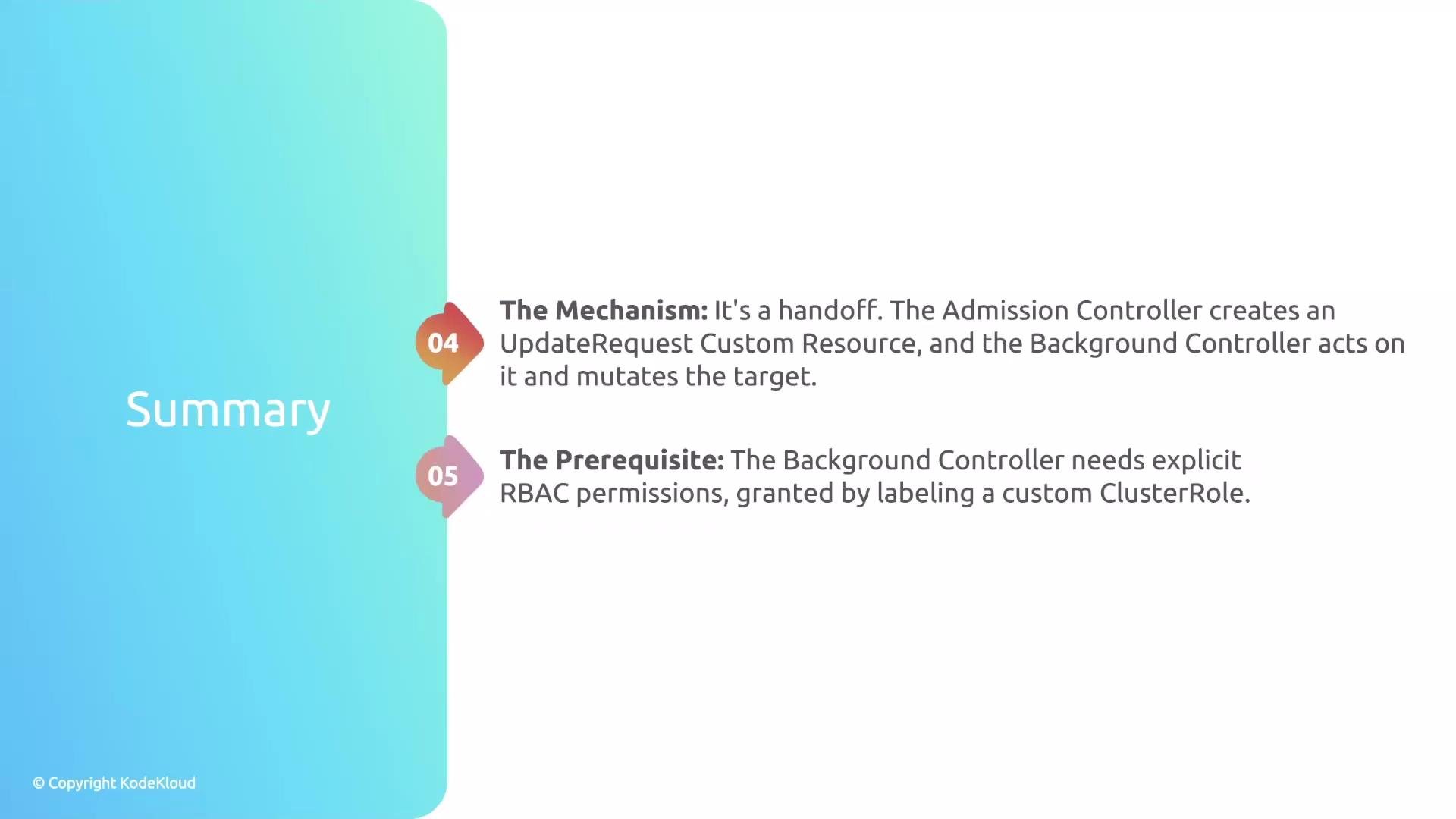 The image presents a summary with highlights on a handoff mechanism involving an Admission Controller and Background Controller, and a prerequisite about RBAC permissions for the Background Controller.