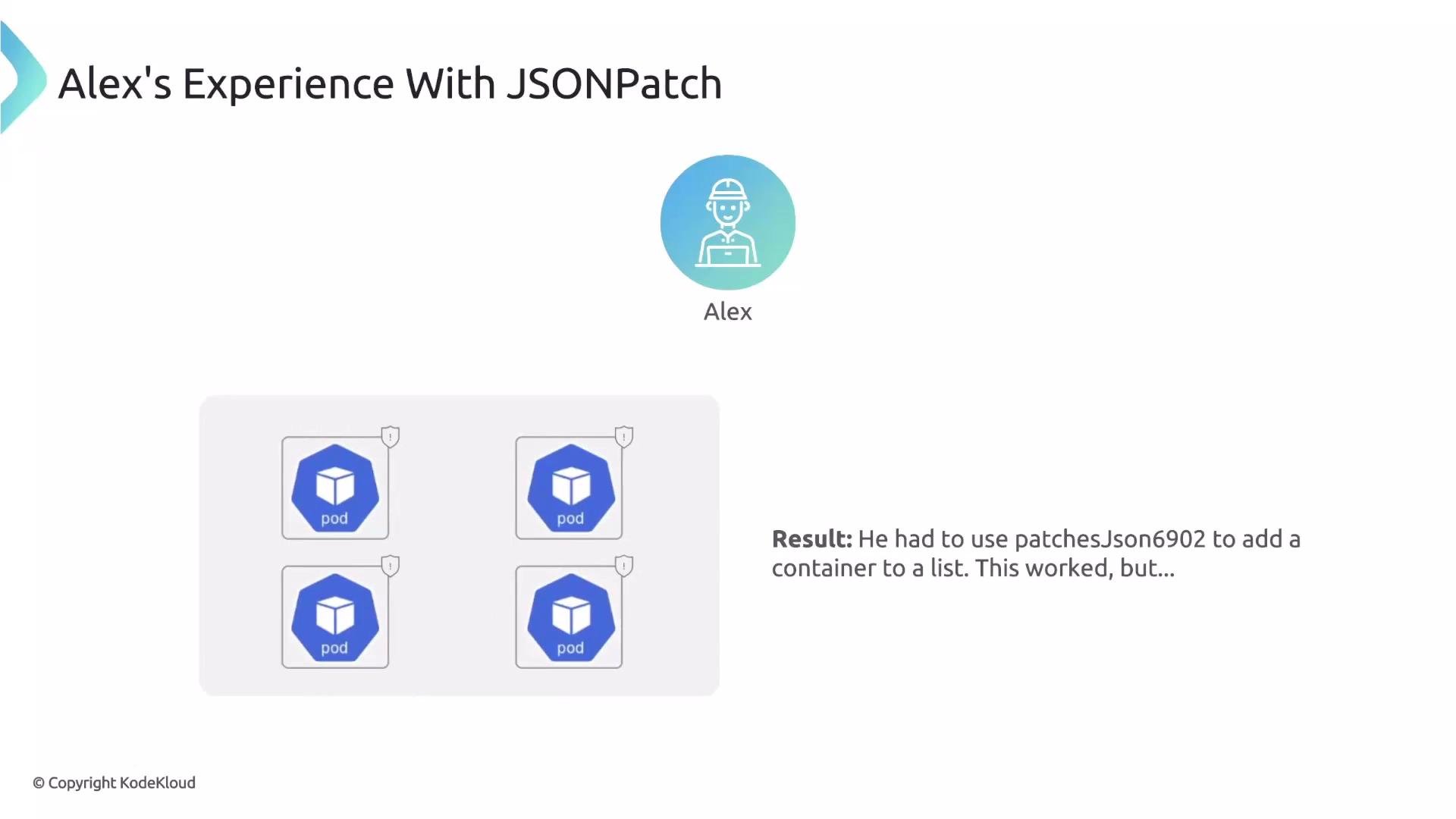 The image shows an illustration of Alex's experience with JSONPatch, mentioning the use of patches.Json6902 to add a container to a list, alongside four pod icons.