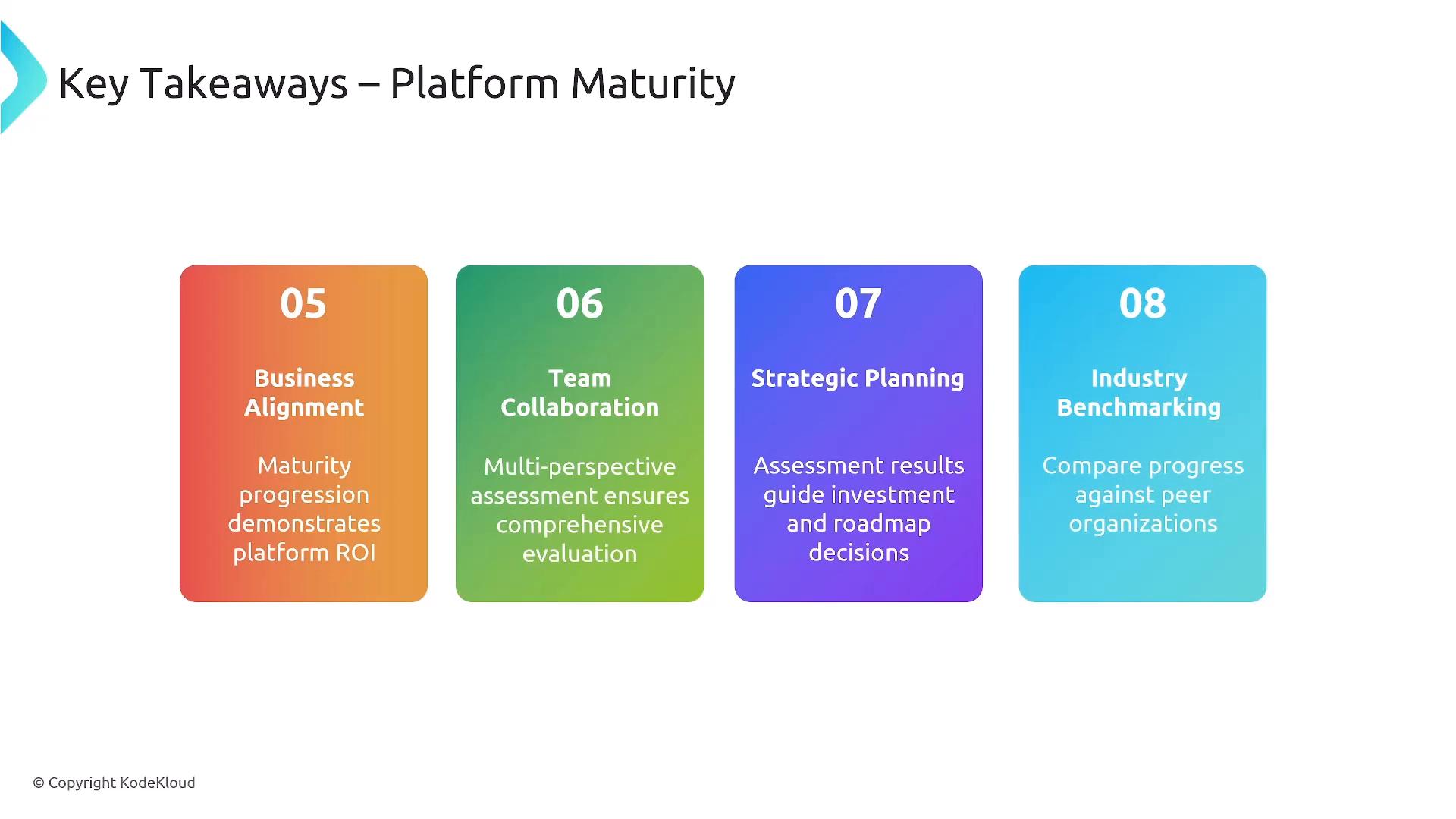 A presentation slide titled "Key Takeaways – Platform Maturity" showing four colorful rounded panels numbered 05–08 labeled Business Alignment, Team Collaboration, Strategic Planning, and Industry Benchmarking with brief descriptions. The slide also shows a © Copyright KodeKloud notice at the bottom.