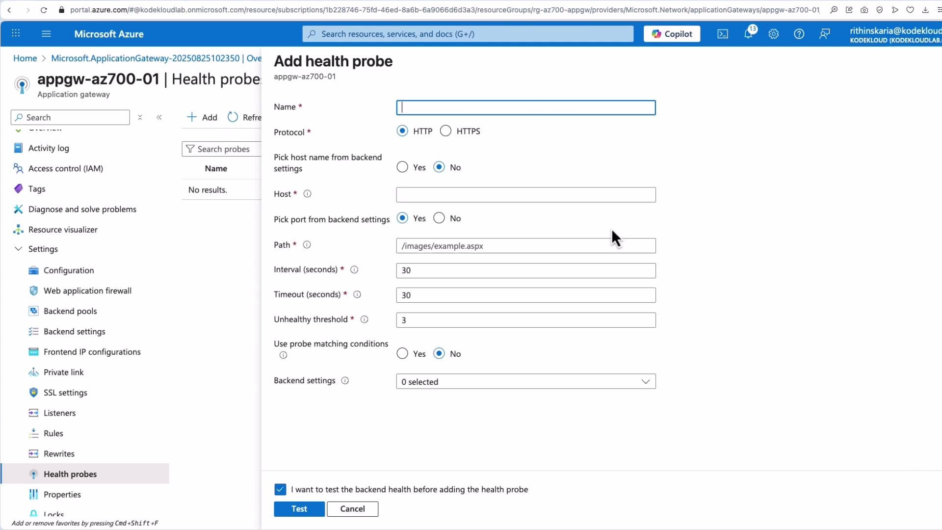 This image shows the "Add health probe" configuration screen on the Microsoft Azure portal, where settings such as protocol, host, path, and intervals can be defined for an application gateway.