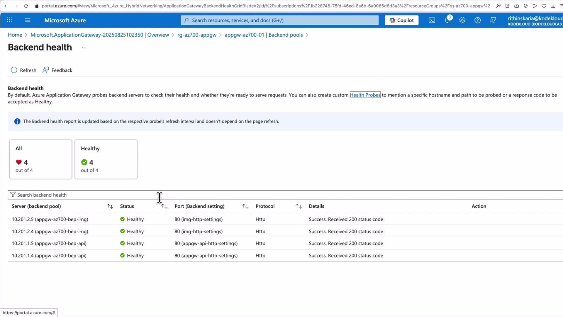 The image shows the "Backend health" status page of an Azure Application Gateway, indicating all backend servers are healthy, with each receiving a 200 status code.