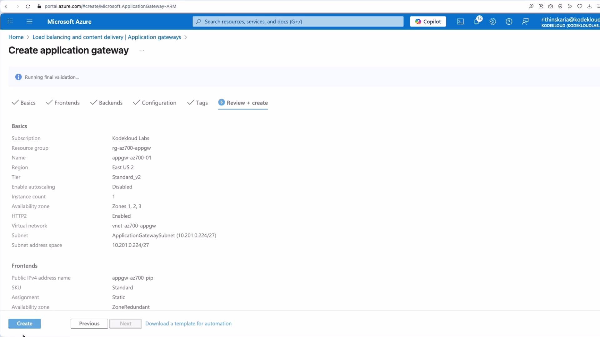 The image shows a Microsoft Azure interface for creating an application gateway, displaying basic settings like subscription, resource group, and region.