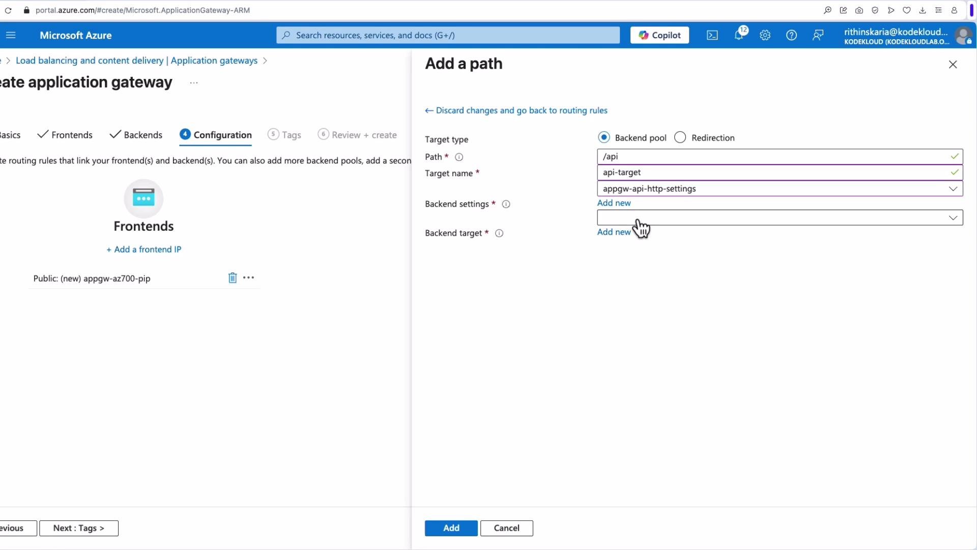 The image shows a Microsoft Azure portal interface for creating an application gateway, specifically on the configuration step, where a user is adding a path and setting backend options.