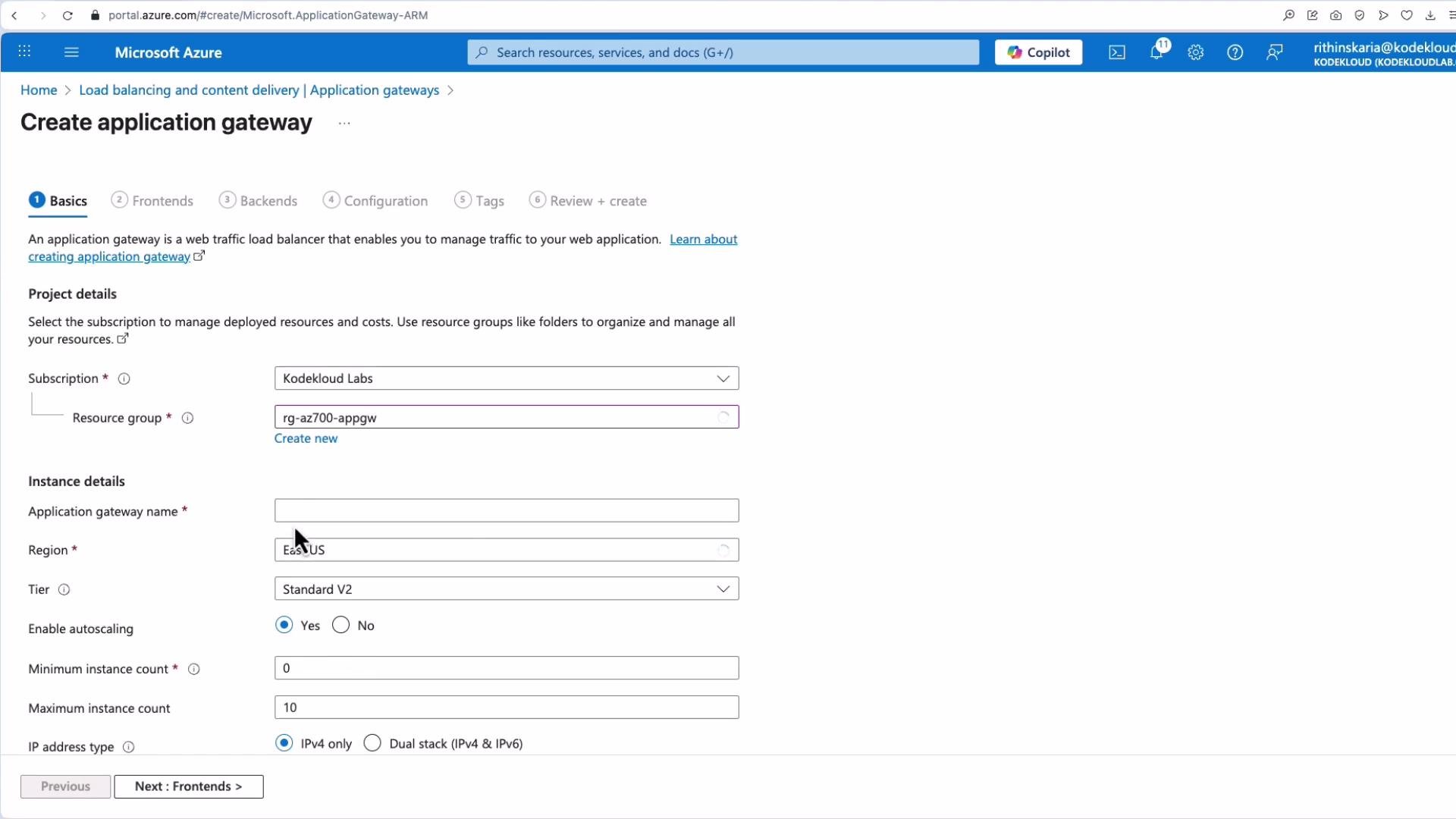 The image shows a Microsoft Azure portal page for creating an application gateway. It includes fields for project and instance details, such as subscription, resource group, gateway name, region, tier, and IP address type.