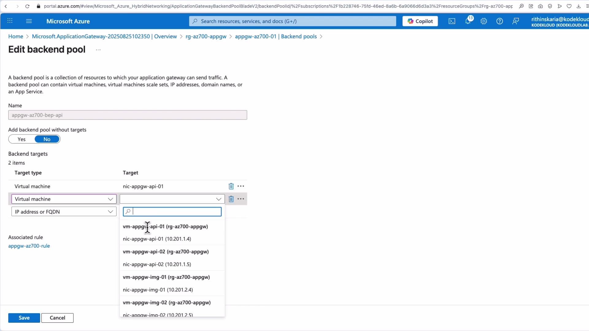 The image shows the Microsoft Azure portal interface for editing a backend pool, where you can configure target types and targets, such as virtual machines and IP addresses.