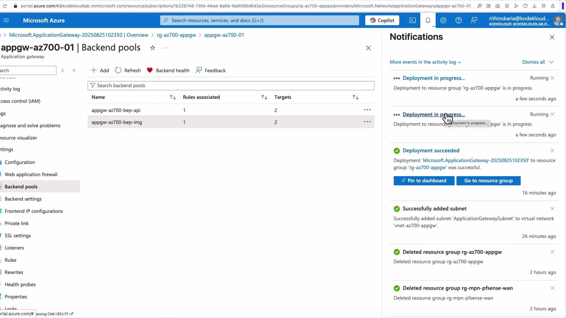 The image shows the Microsoft Azure portal, specifically the "Backend pools" section of an application gateway. There are notifications on the right, indicating deployment progress and other recent activities.