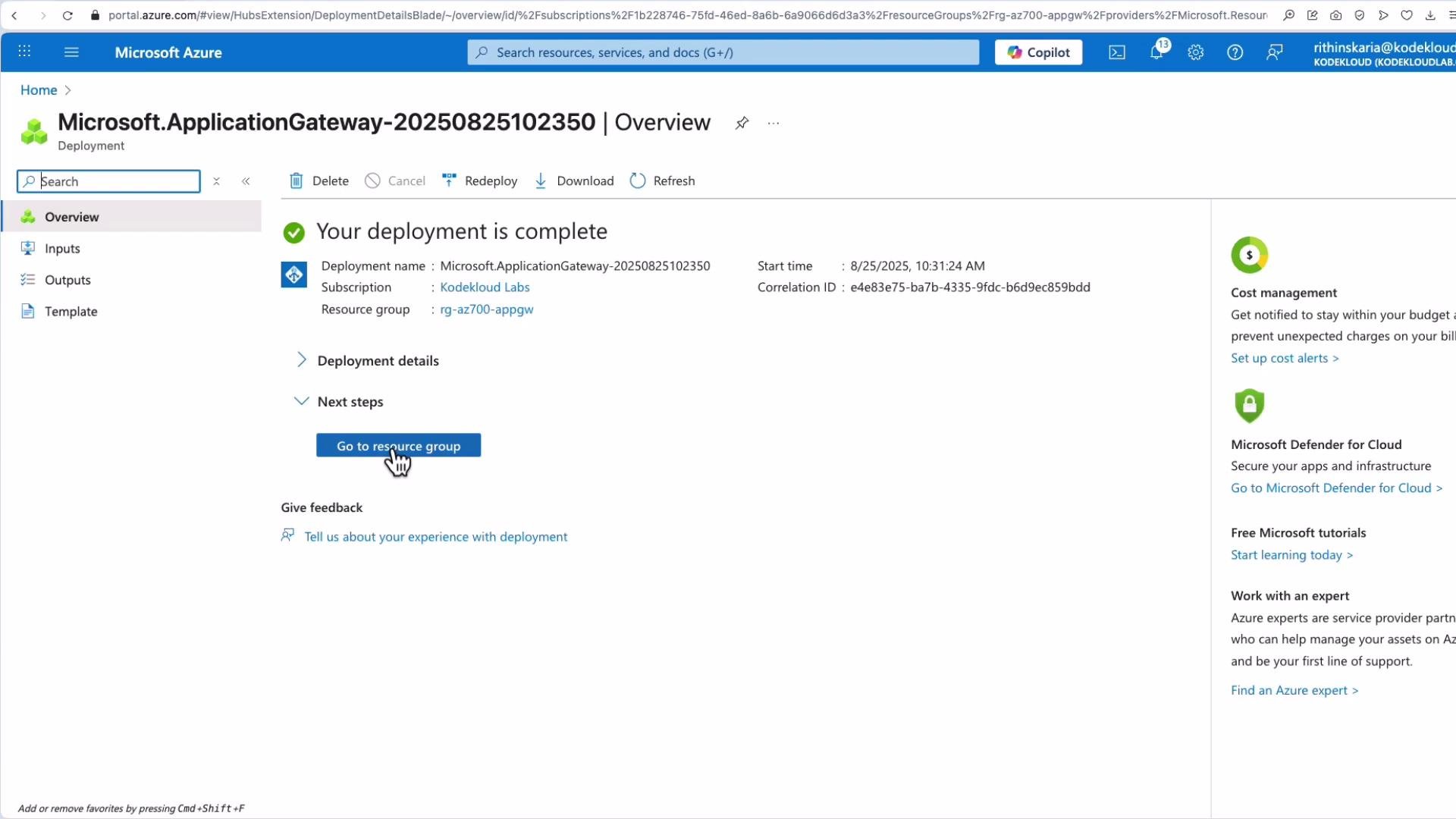The image shows the Microsoft Azure portal screen indicating that a deployment for "Microsoft.ApplicationGateway" is complete, with options to view details and navigate to the resource group.