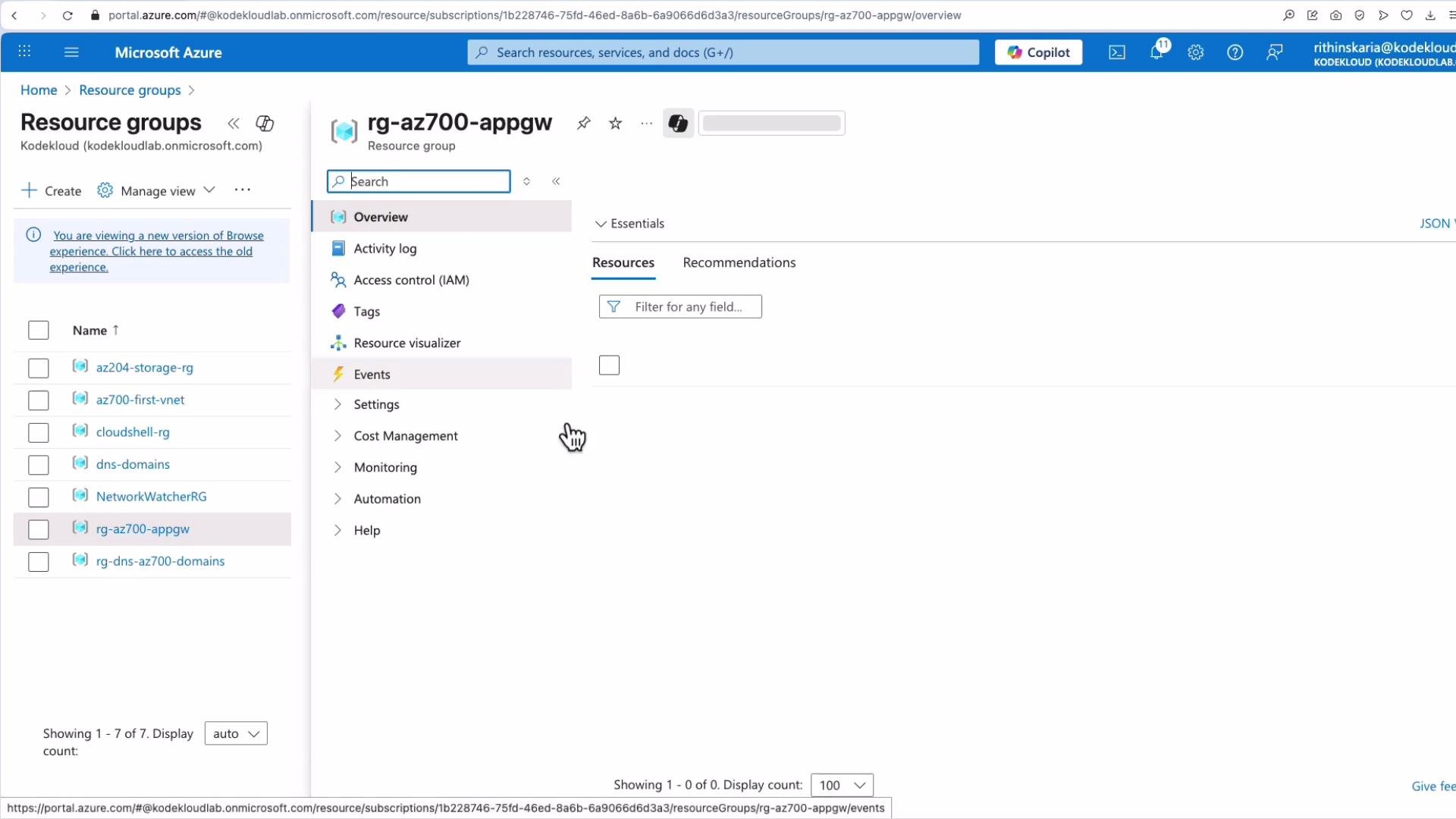 The image shows the Microsoft Azure portal interface focused on resource groups, specifically displaying details for the resource group "rg-az700-appgw" with its various management and configuration options.