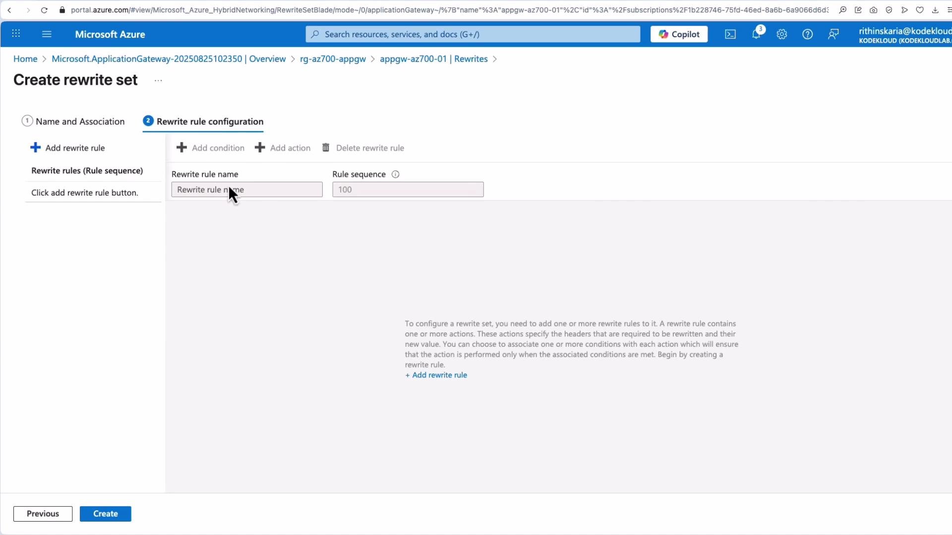 The image shows the Microsoft Azure portal interface for creating a rewrite set. It includes fields for naming the rewrite rule and setting a rule sequence.