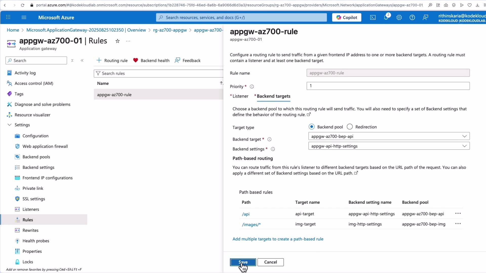 The image shows a configuration screen for creating a routing rule in the Microsoft Azure portal. It includes options for setting up backend targets, listener settings, and path-based routing rules.