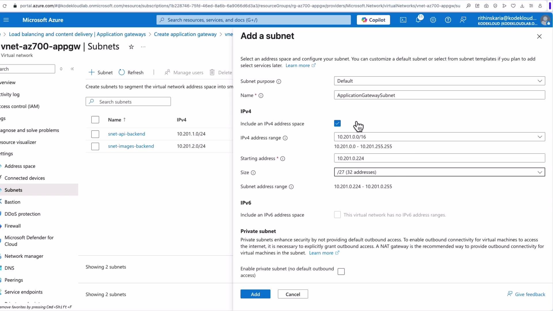 The image shows a screenshot of the Microsoft Azure portal, specifically the "Add a subnet" page, where configuration details for a new subnet in a virtual network are being set. There are options for configuring IPv4 address space, with fields for subnet name, address range, and size.