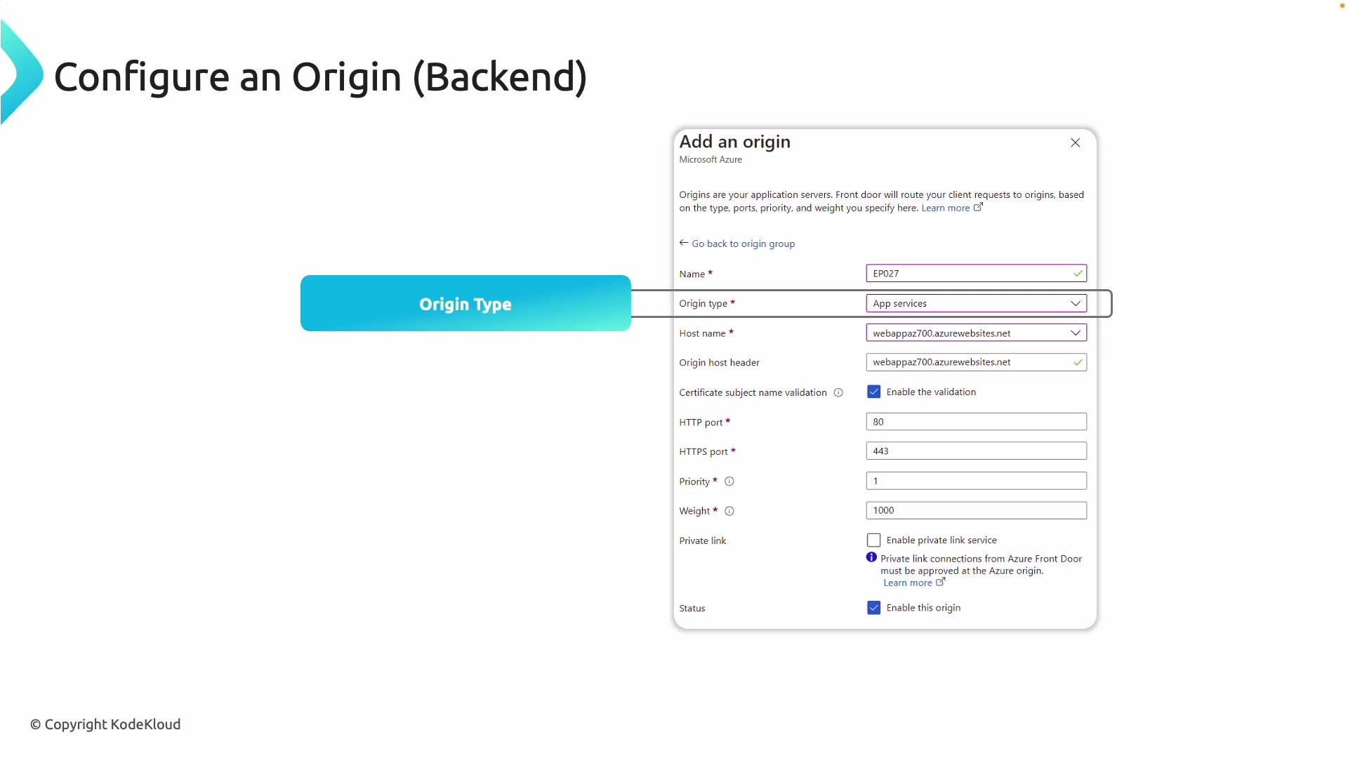 The image shows a form titled "Add an origin" for configuring an origin (backend) in Microsoft Azure, detailing settings such as name, origin type, host name, ports, and validation options. There is a highlighted section pointing to "Origin Type" labeled as "App services."