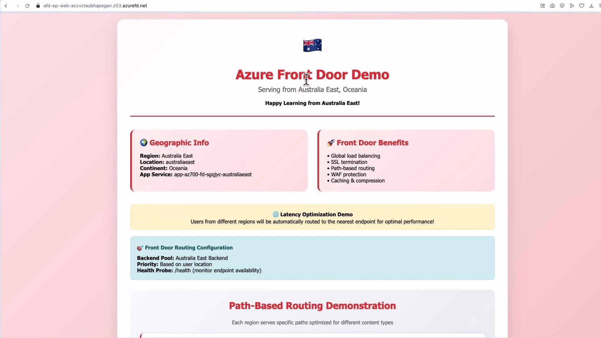 This image is a webpage showcasing an Azure Front Door Demo, highlighting geographic information and benefits like global load balancing and SSL termination. It also details routing configurations and features a path-based routing demonstration.