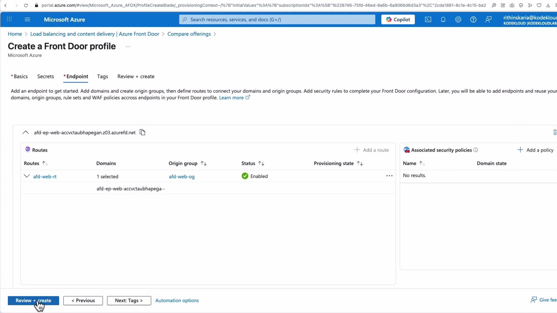 The image shows the Microsoft Azure interface for creating a Front Door profile, specifically on the "Endpoint" tab, displaying routes and their configuration.