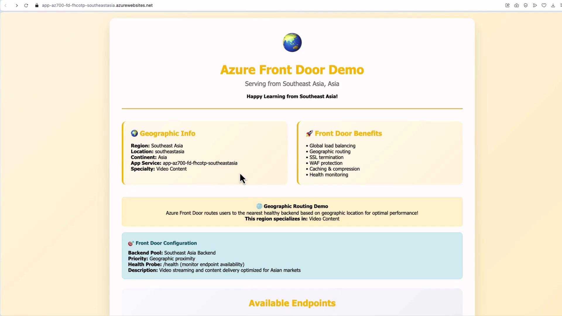 The image displays an Azure Front Door demo page, highlighting geographic info for Southeast Asia and the benefits of the service, such as global load balancing and health monitoring.