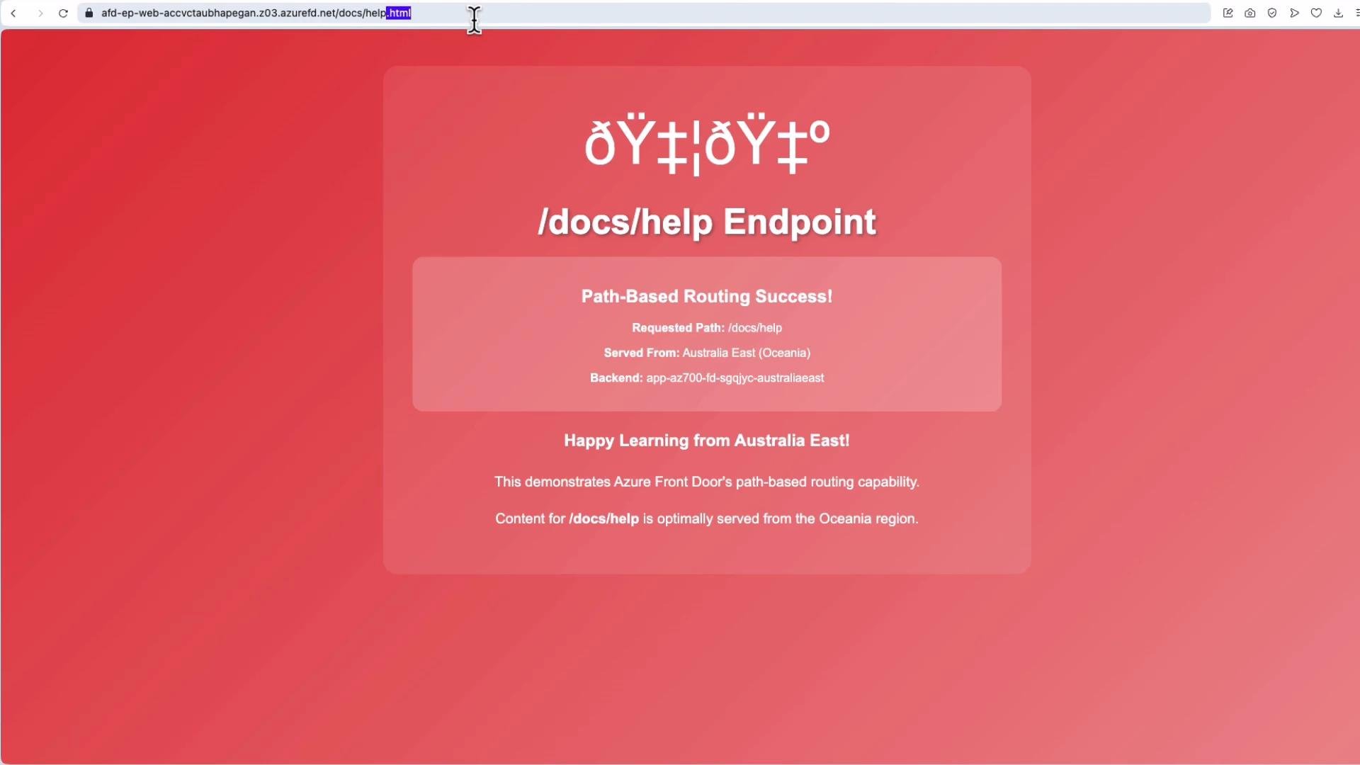 The image is a webpage indicating successful path-based routing through Azure Front Door, served from Australia East (Oceania), demonstrating its routing capability. The content is specifically for the /docs/help endpoint.