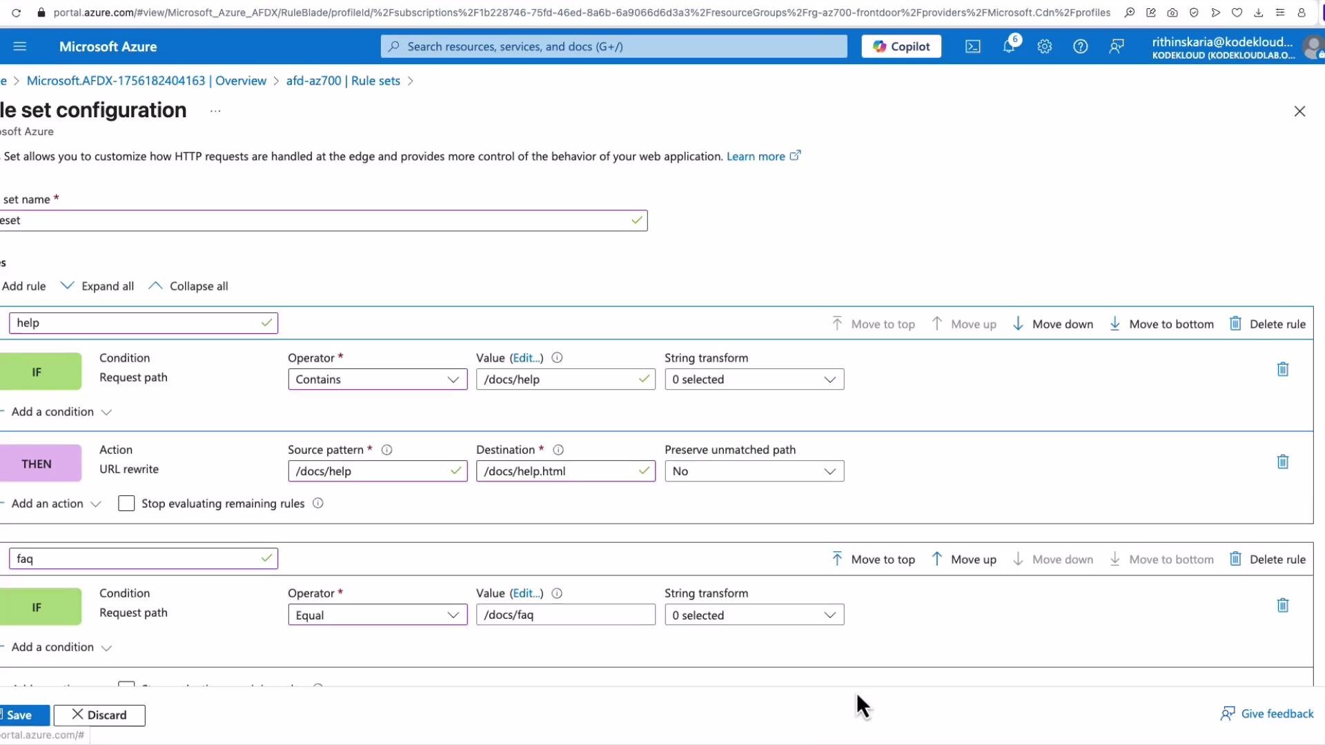 The image shows a Microsoft Azure interface for setting a rule configuration with conditions for HTTP requests, including URL rewrite actions based on request paths.