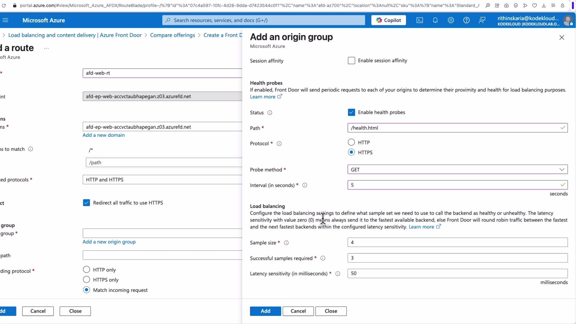 The image shows a Microsoft Azure interface for adding a route and configuring an origin group. It includes fields for session affinity, health probes, load balancing, and protocol settings.