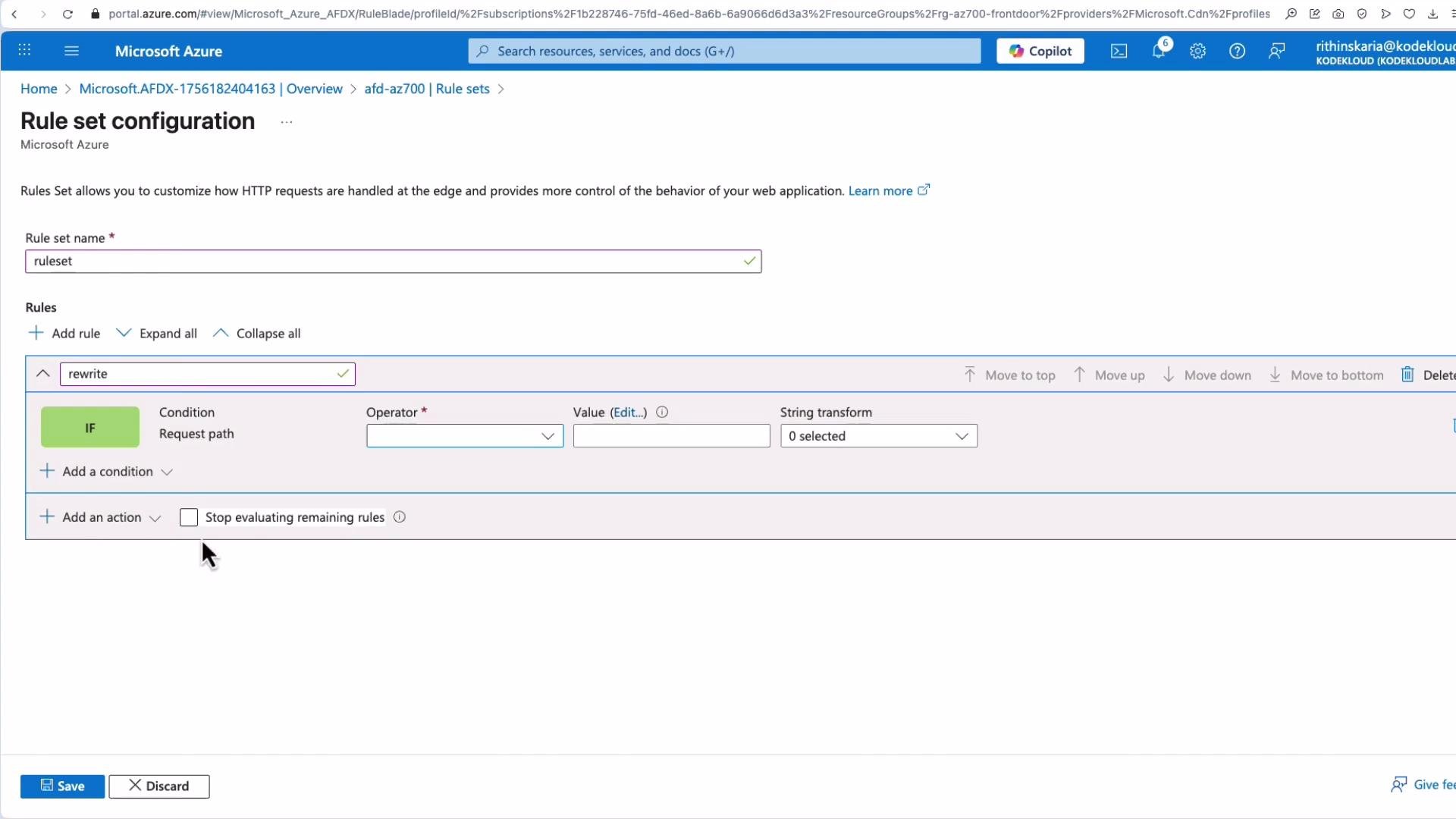 The image shows the Microsoft Azure interface for configuring a rule set with options for adding conditions and actions for handling HTTP requests. It displays sections for setting the rule name, conditions, and actions, with controls for managing rule evaluation.