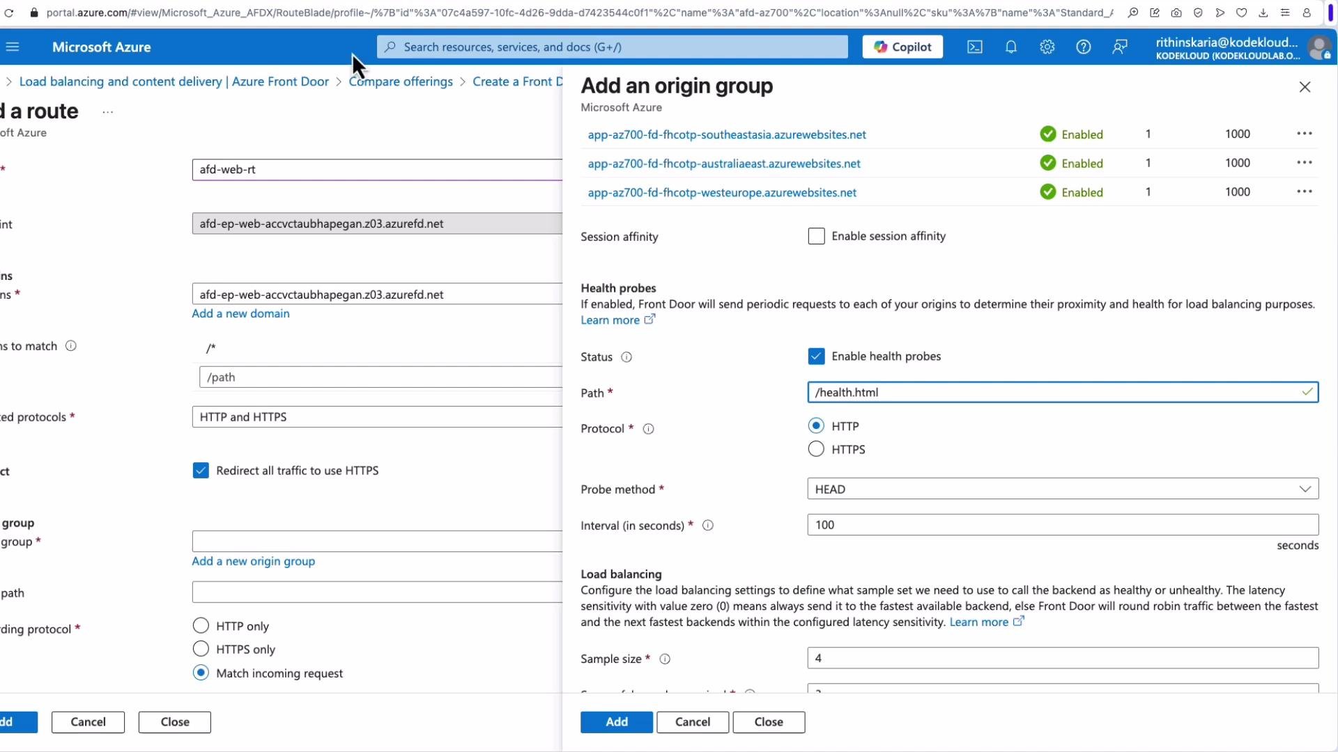 The image shows a Microsoft Azure portal interface for adding a route and configuring an origin group with settings for health probes and load balancing.