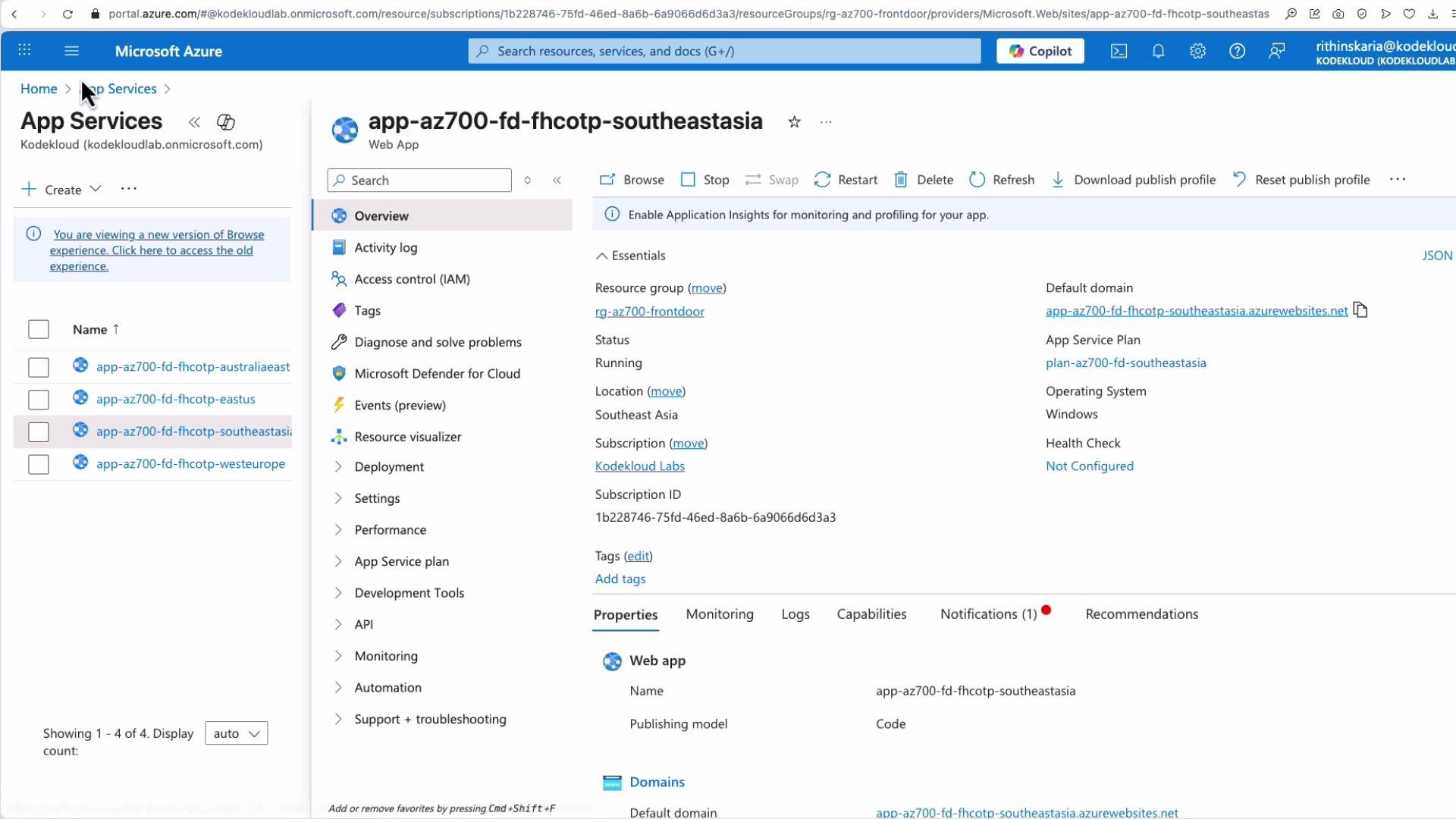 The image shows a Microsoft Azure portal interface displaying the overview of an App Service named "app-az700-fd-fhcotp-southeastasia", which is currently running in the Southeast Asia location.
