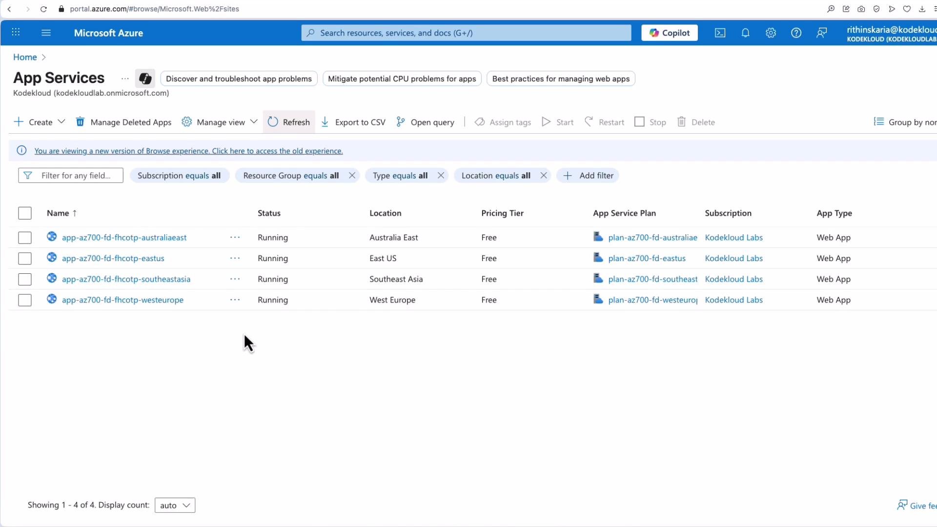 The image shows the Microsoft Azure portal interface, displaying a list of app services. Each entry includes details like name, status (all running), location, pricing tier, app service plan, and app type.