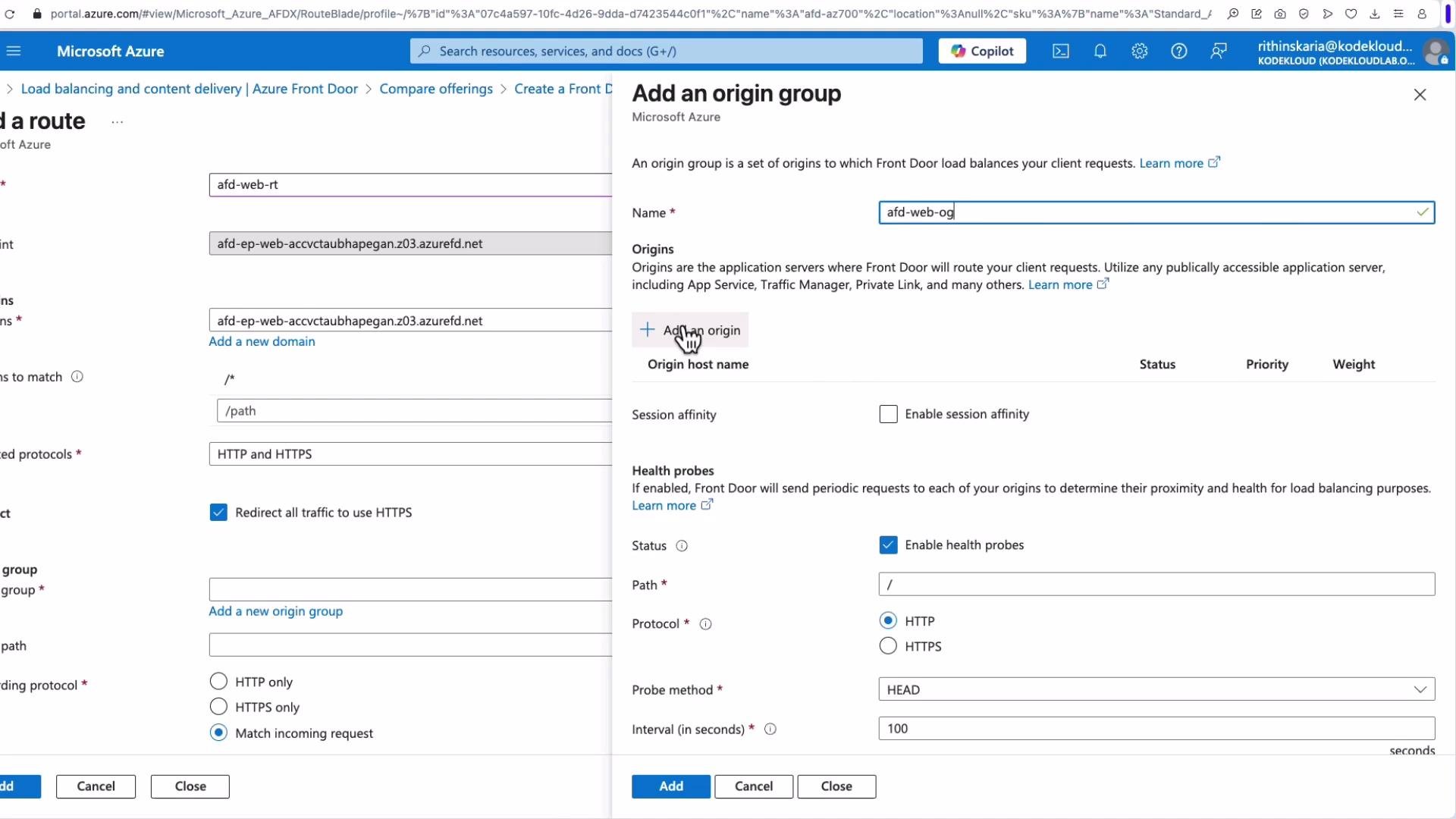 The image shows a Microsoft Azure portal interface for setting up a route and adding an origin group in Azure Front Door. It includes fields for entering names, origins, and options for sessions and health probes.