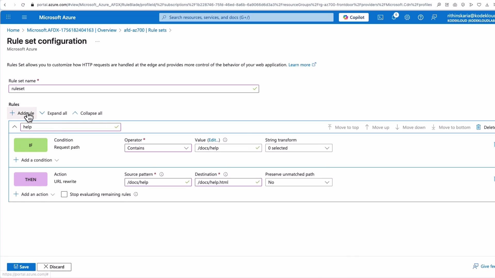 The image shows the Microsoft Azure portal screen for configuring a rule set, with a rule named "help" that involves a URL rewrite action. The interface allows adding conditions and actions related to HTTP request handling.