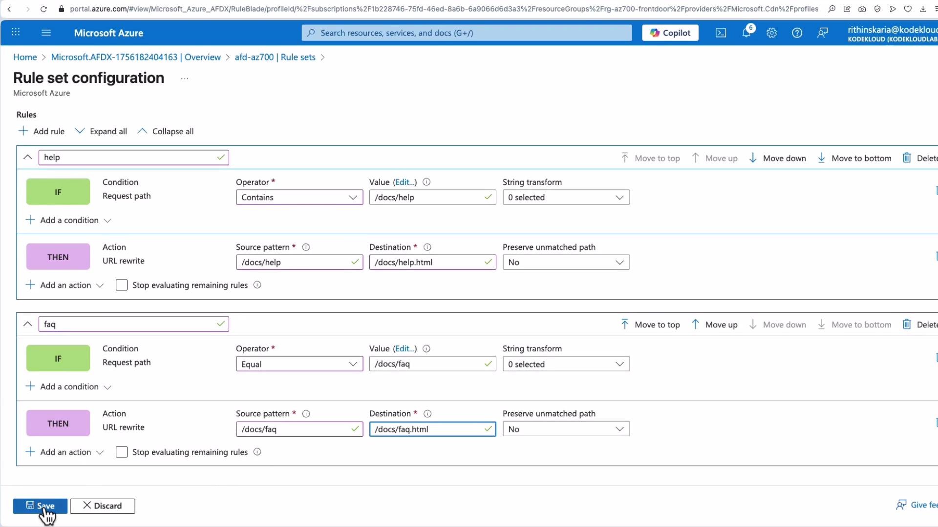 The image shows a Microsoft Azure rule set configuration screen with two URL rewrite rules defined for paths containing "/docs/help" and "/docs/faq."