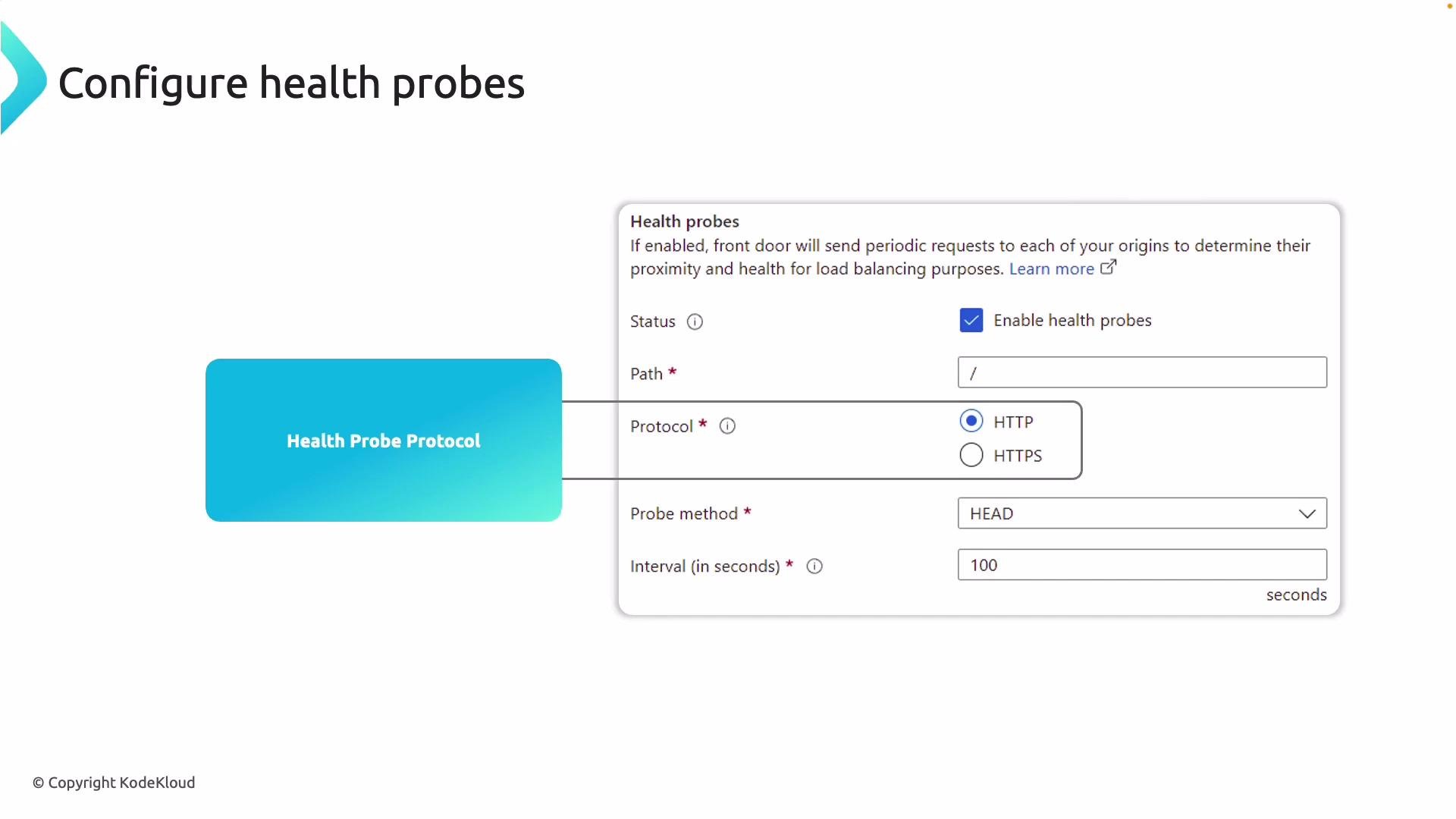 The image shows a configuration interface for setting up health probes, including options for enabling probes, specifying the path, selecting the protocol (HTTP/HTTPS), choosing the probe method, and setting the interval.