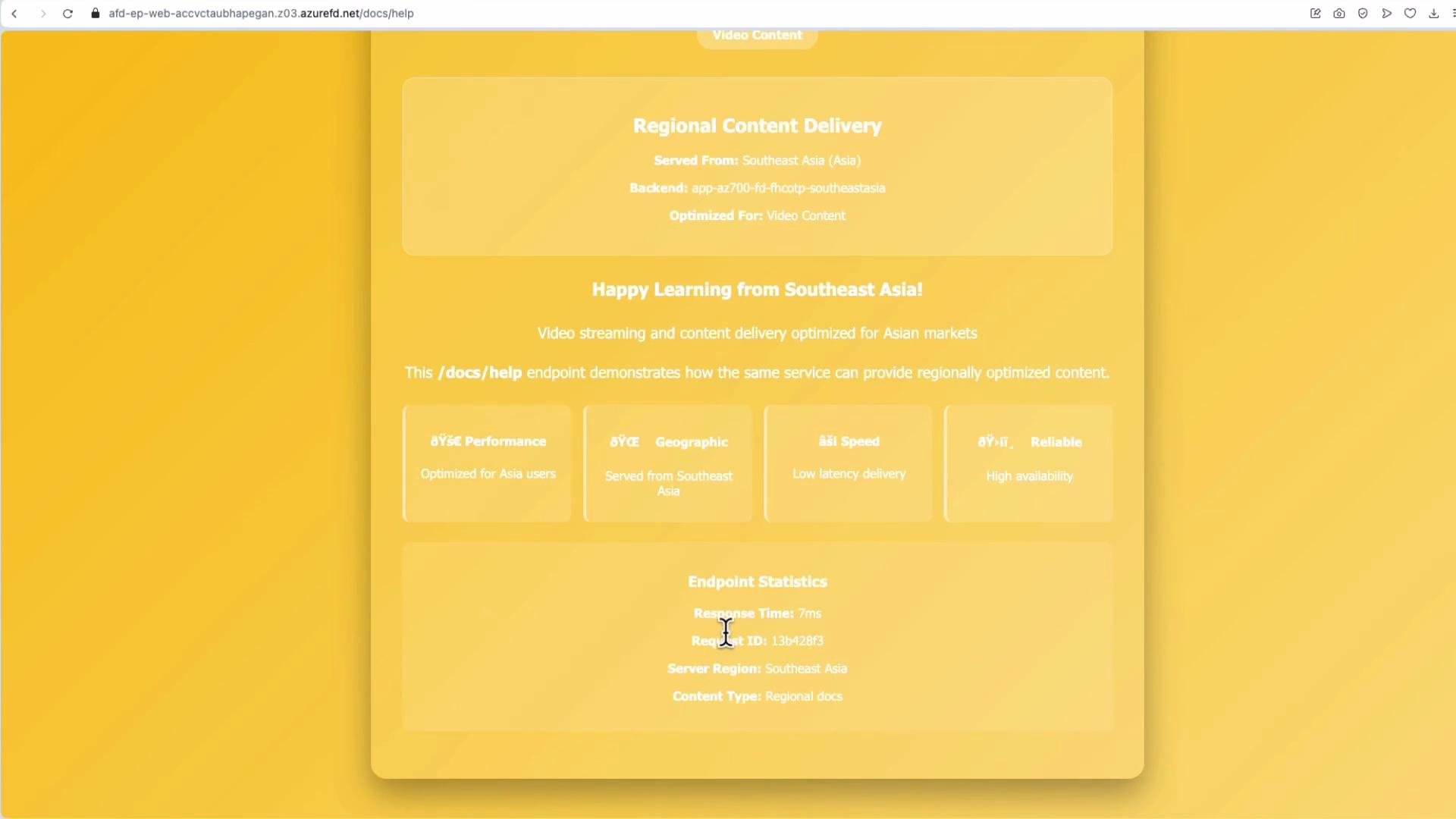 The image shows a webpage with information about regional content delivery optimized for Southeast Asia, highlighting performance, speed, geographic service area, and reliability. Endpoint statistics indicate a response time of 7ms and a server region in Southeast Asia.