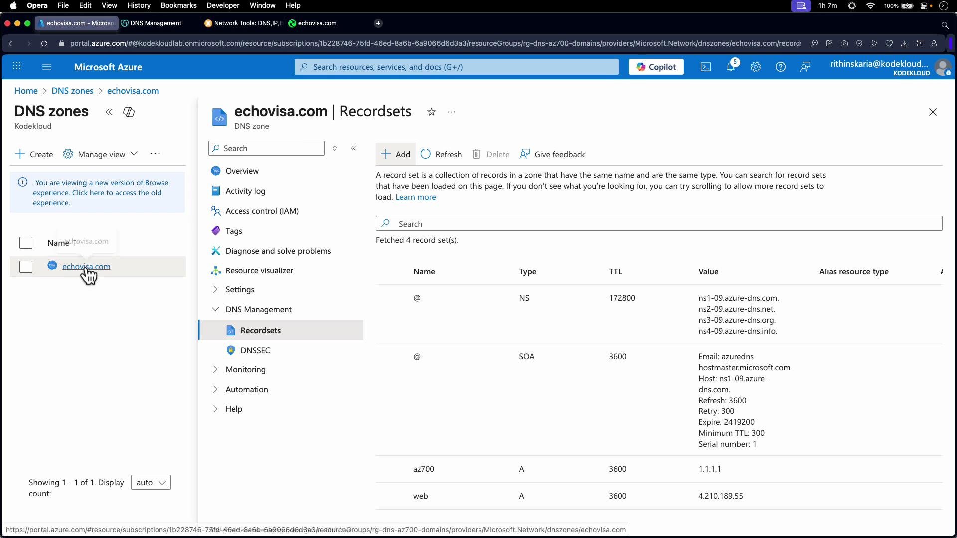 The image shows a Microsoft Azure DNS management page for the domain "echovisa.com," displaying details of DNS record sets like NS and SOA records.