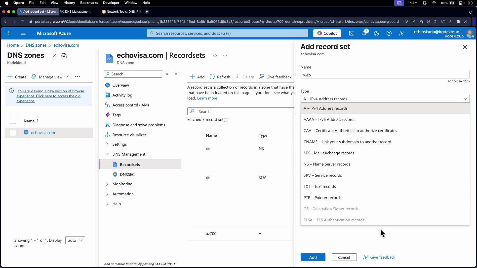 The image shows a Microsoft Azure DNS management interface where a user is adding a DNS record set for the domain echovisa.com. Various DNS record types, such as A, AAAA, CNAME, and MX, are listed for selection.