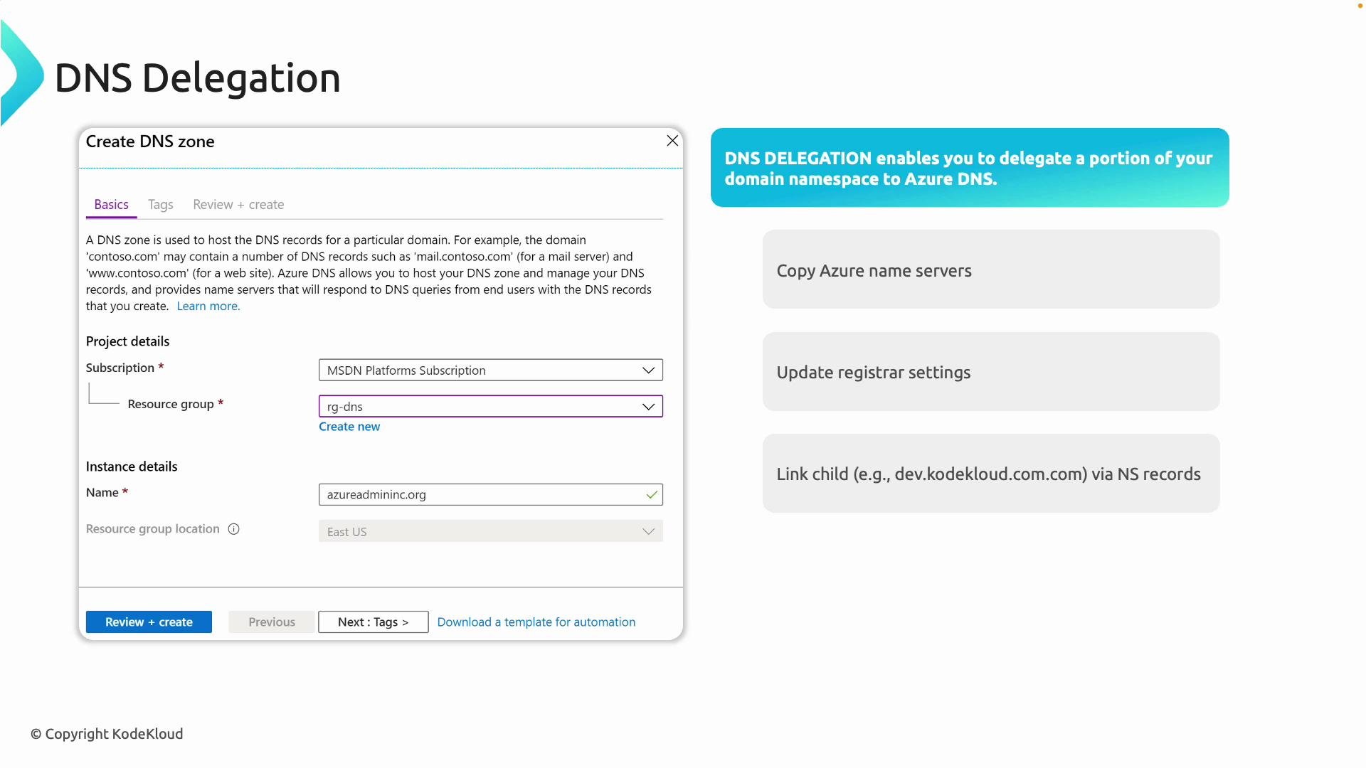 The image shows a form for creating a DNS zone in Azure, with sections for project and instance details, and instructions for DNS delegation, including steps on copying Azure name servers and updating registrar settings.