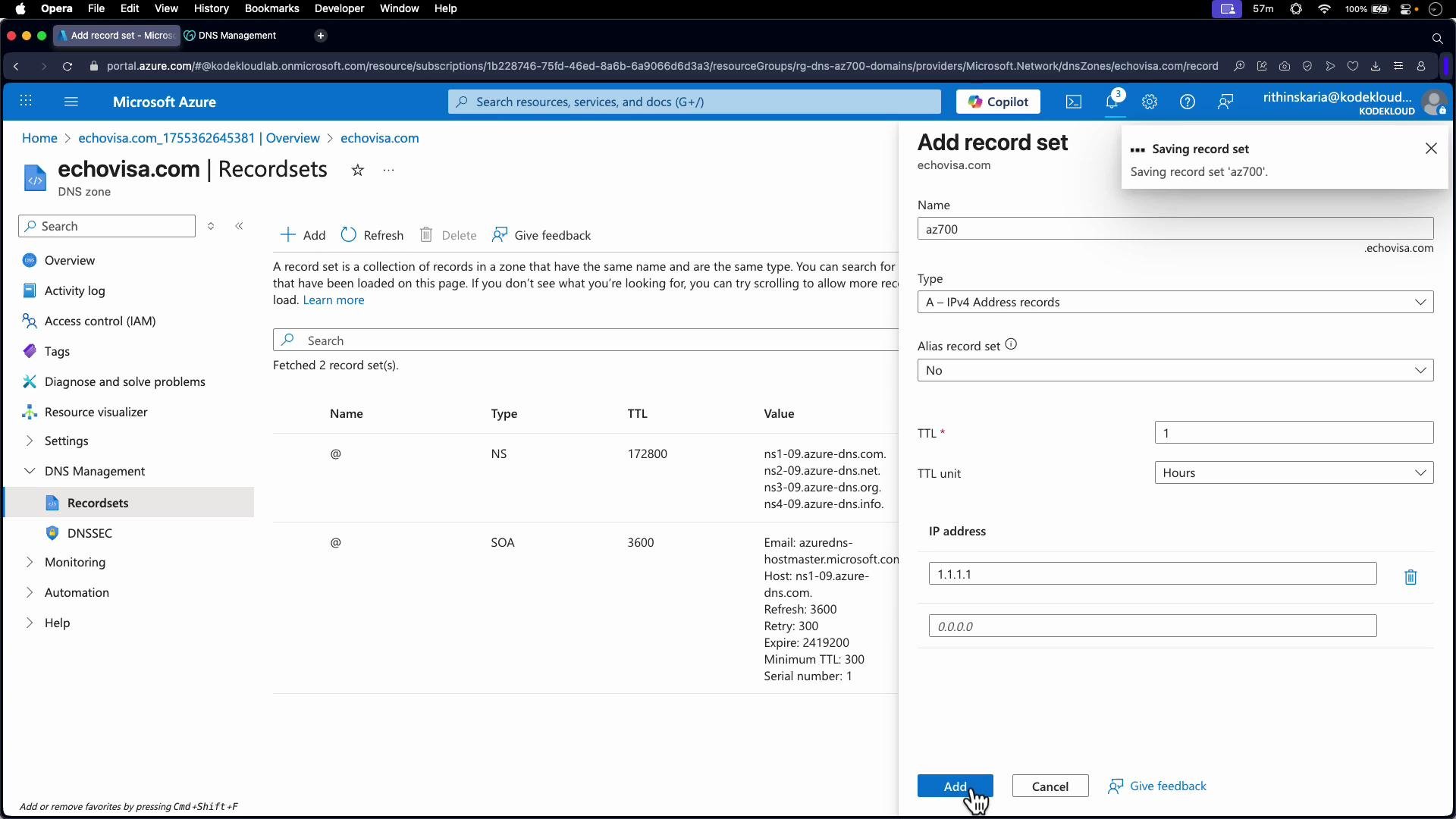 The image shows the Microsoft Azure portal interface where a DNS record set for "echovisa.com" is being managed. The DNS Management tab is open, displaying options to add a new A (IPv4 Address) record set.
