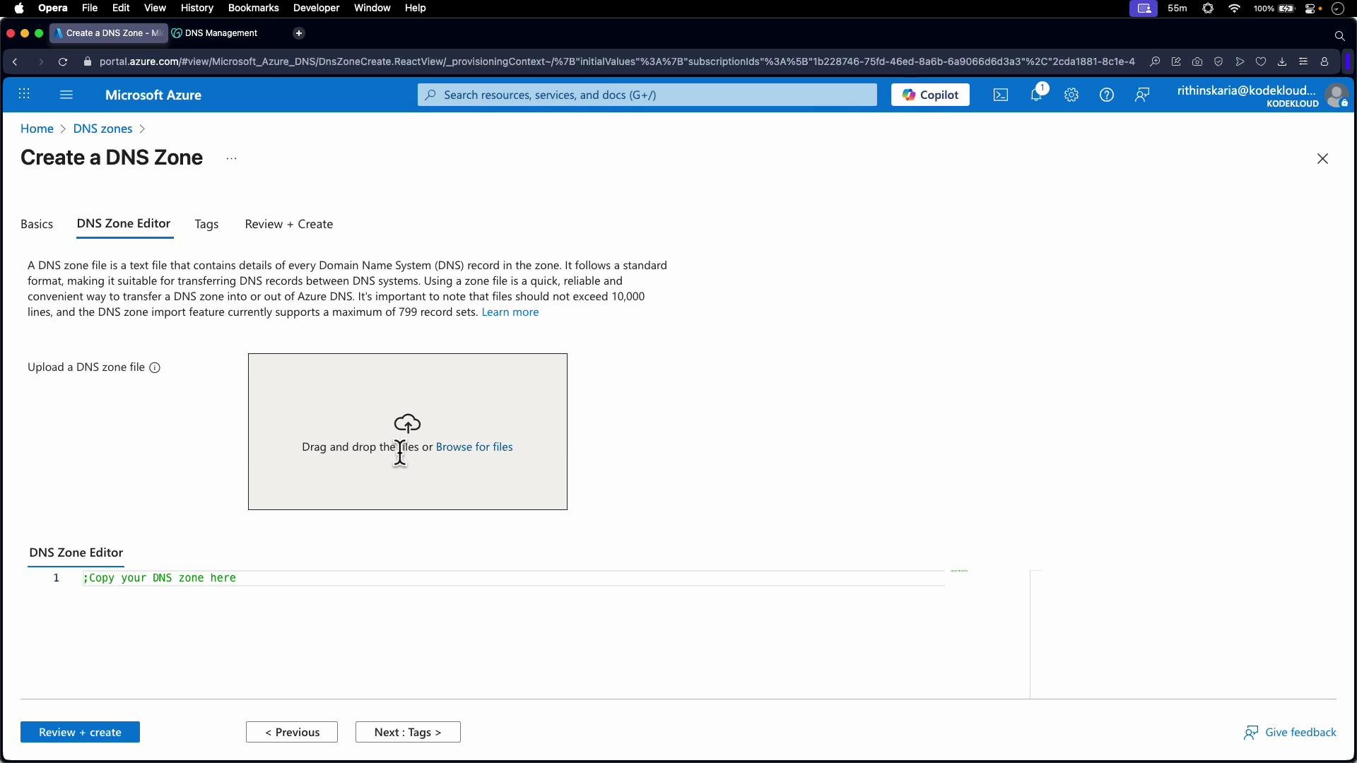 The image shows the Microsoft Azure portal interface for creating a DNS zone, where users can upload a DNS zone file or copy their DNS zone details. The interface includes navigation tabs and buttons for progressing through the setup process.