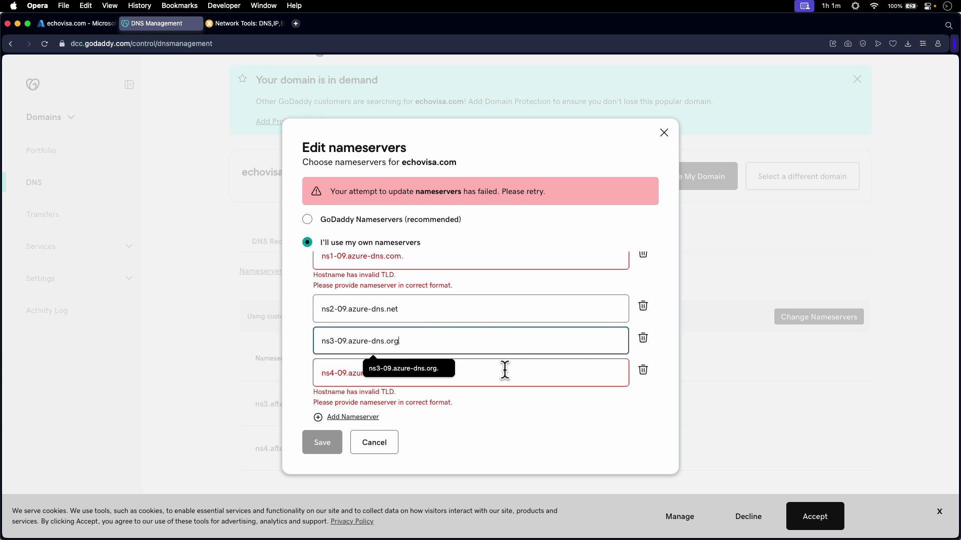 The image shows a browser window with a GoDaddy interface for editing nameservers, indicating an error with invalid TLDs and requesting correct format input.