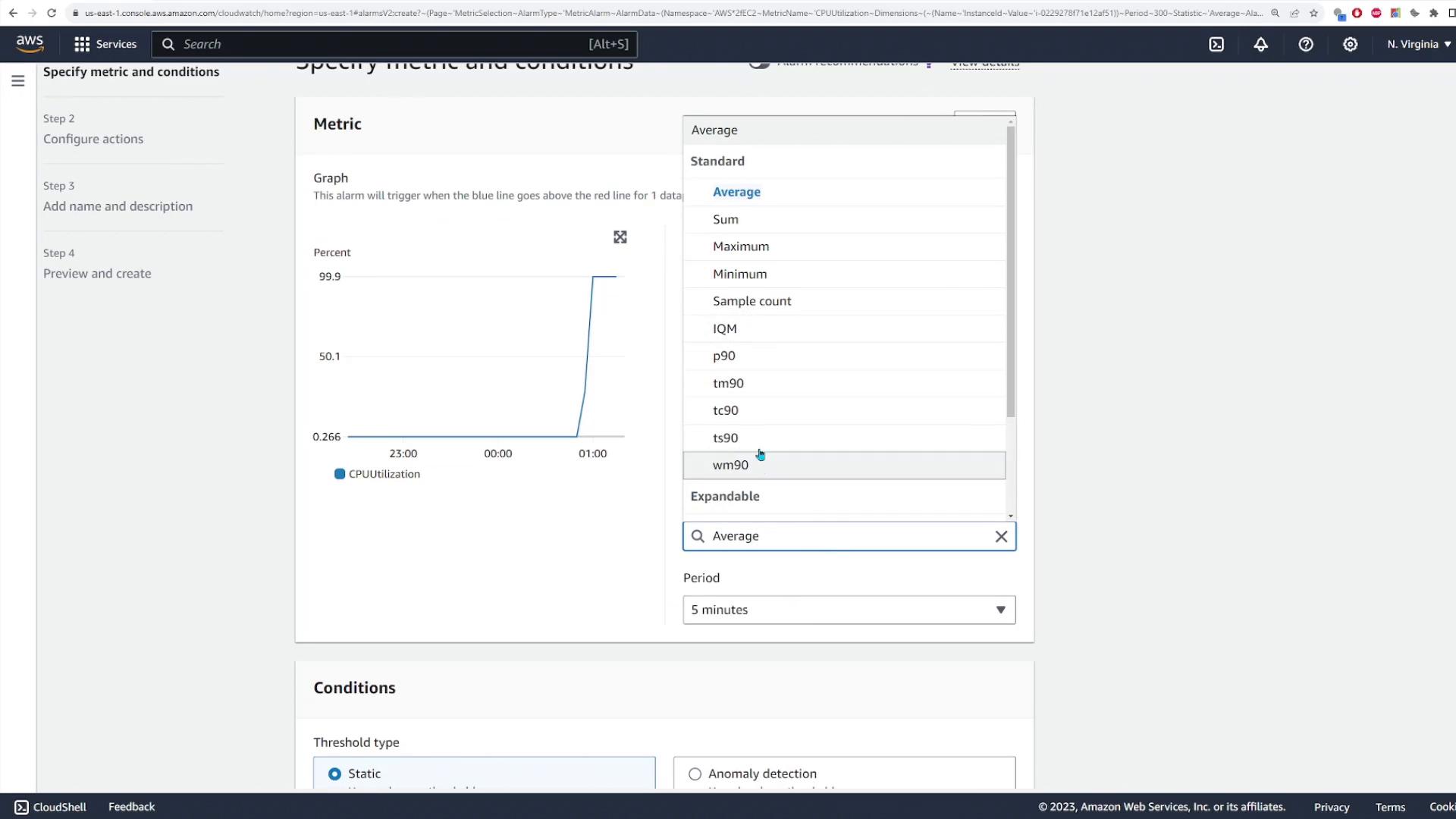 Screenshot of the AWS CloudWatch alarm configuration page showing a CPUUtilization graph on the left and a metric-statistics dropdown (Average selected) with period settings on the right. The left sidebar lists the alarm creation steps.