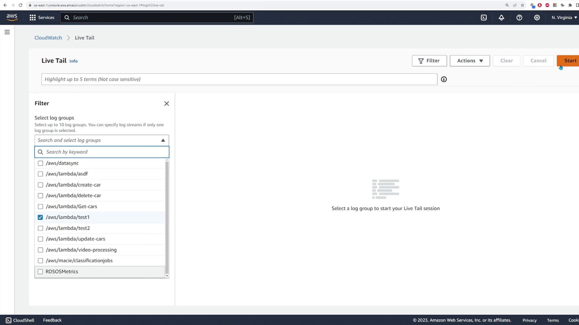 A screenshot of the AWS CloudWatch "Live Tail" interface showing the Filter panel with selectable log groups (for example /aws/lambda/test1 is checked). The main pane is empty with a "Select a log group to start your Live Tail session" prompt and a Start button at the top-right.