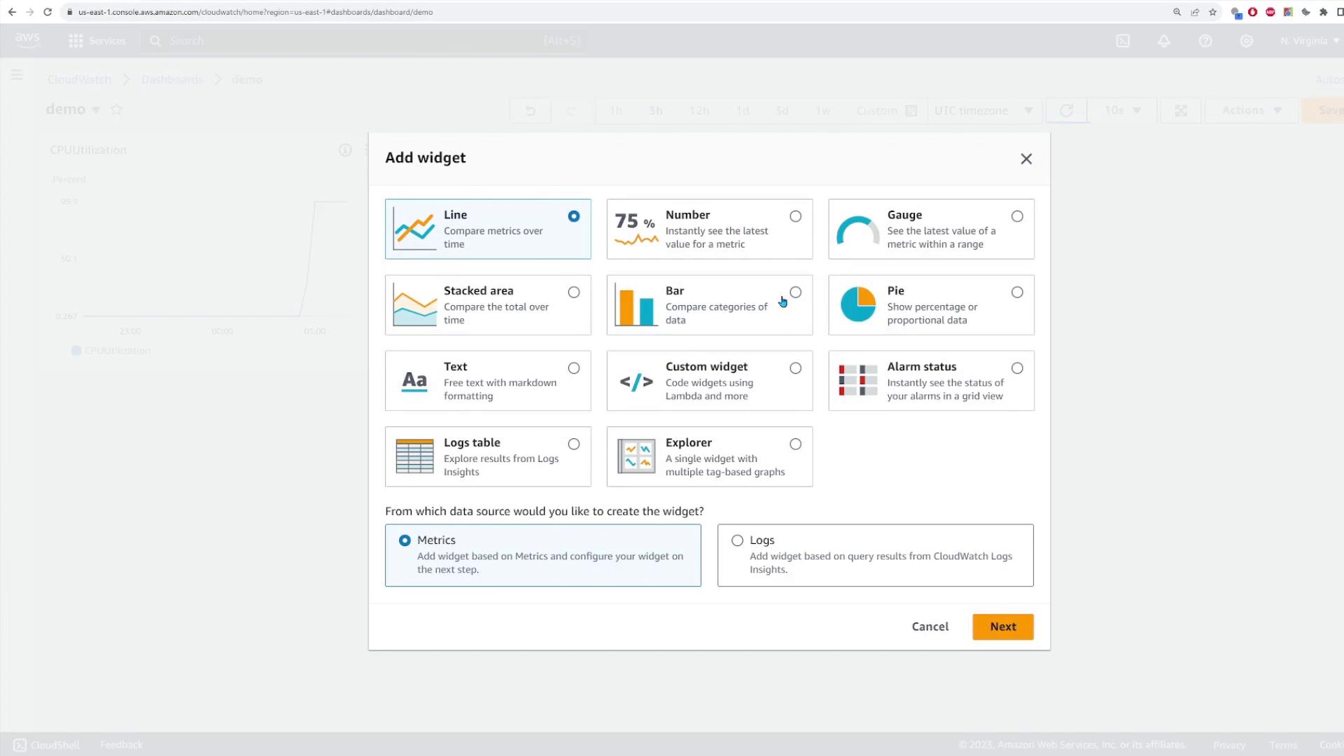 A screenshot of the AWS CloudWatch "Add widget" dialog listing widget types (Line, Number, Gauge, Bar, Pie, Text, etc.) for building a dashboard. The dialog also shows data-source options (Metrics or Logs) and Cancel/Next buttons.