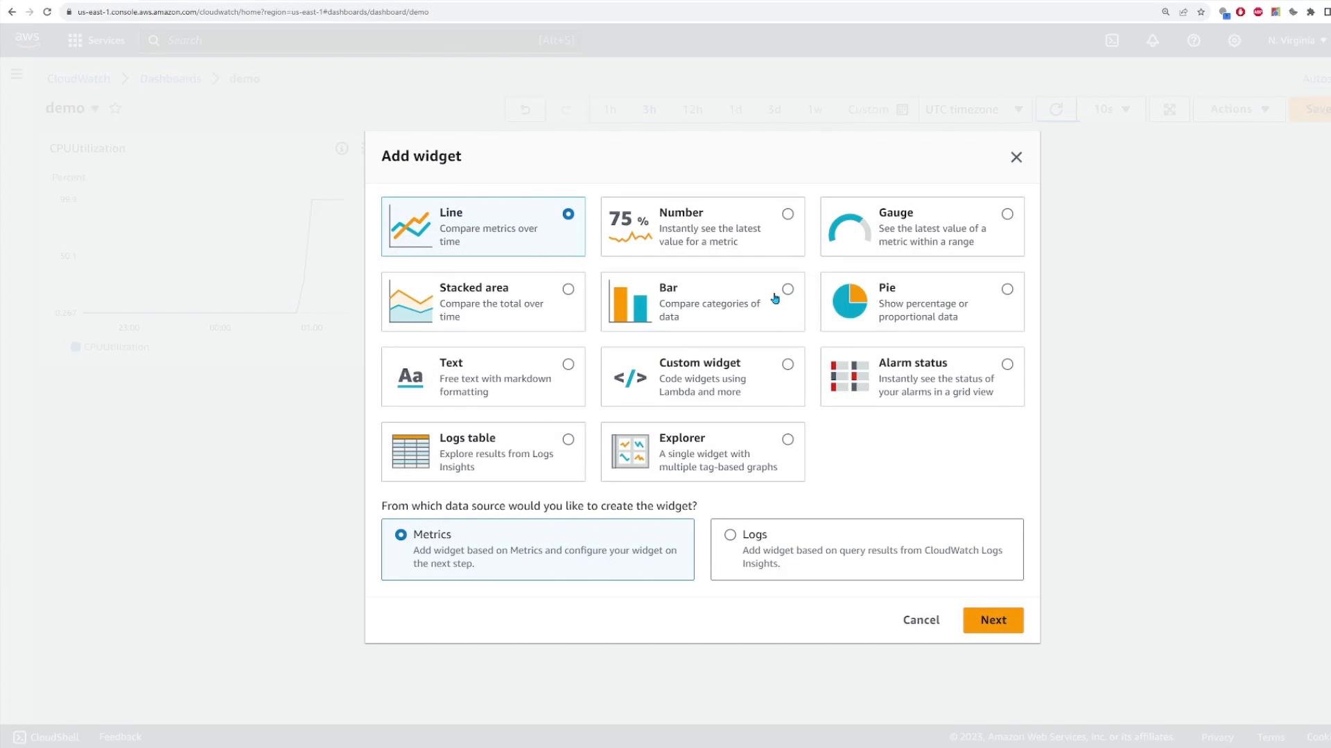A screenshot of the AWS CloudWatch "Add widget" dialog listing widget types (Line, Number, Gauge, Bar, Pie, Text, etc.) for building a dashboard. The dialog also shows data-source options (Metrics or Logs) and Cancel/Next buttons.
