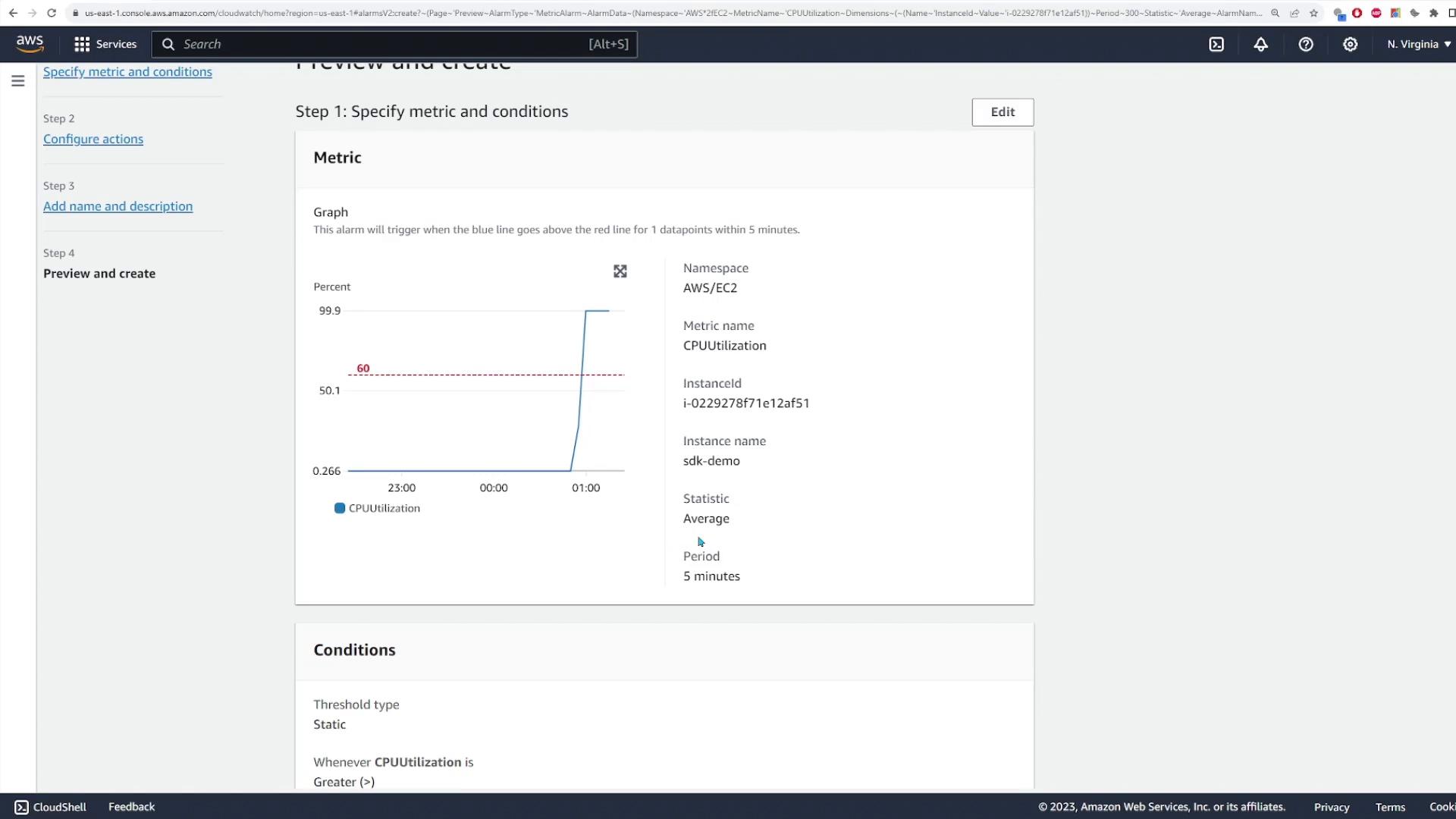 A screenshot of the AWS CloudWatch console showing a metric preview for an EC2 instance, with a CPUUtilization graph that spikes above a red threshold line. The right panel lists metric details (Namespace: AWS/EC2, InstanceId, statistic Average, period 5 minutes).