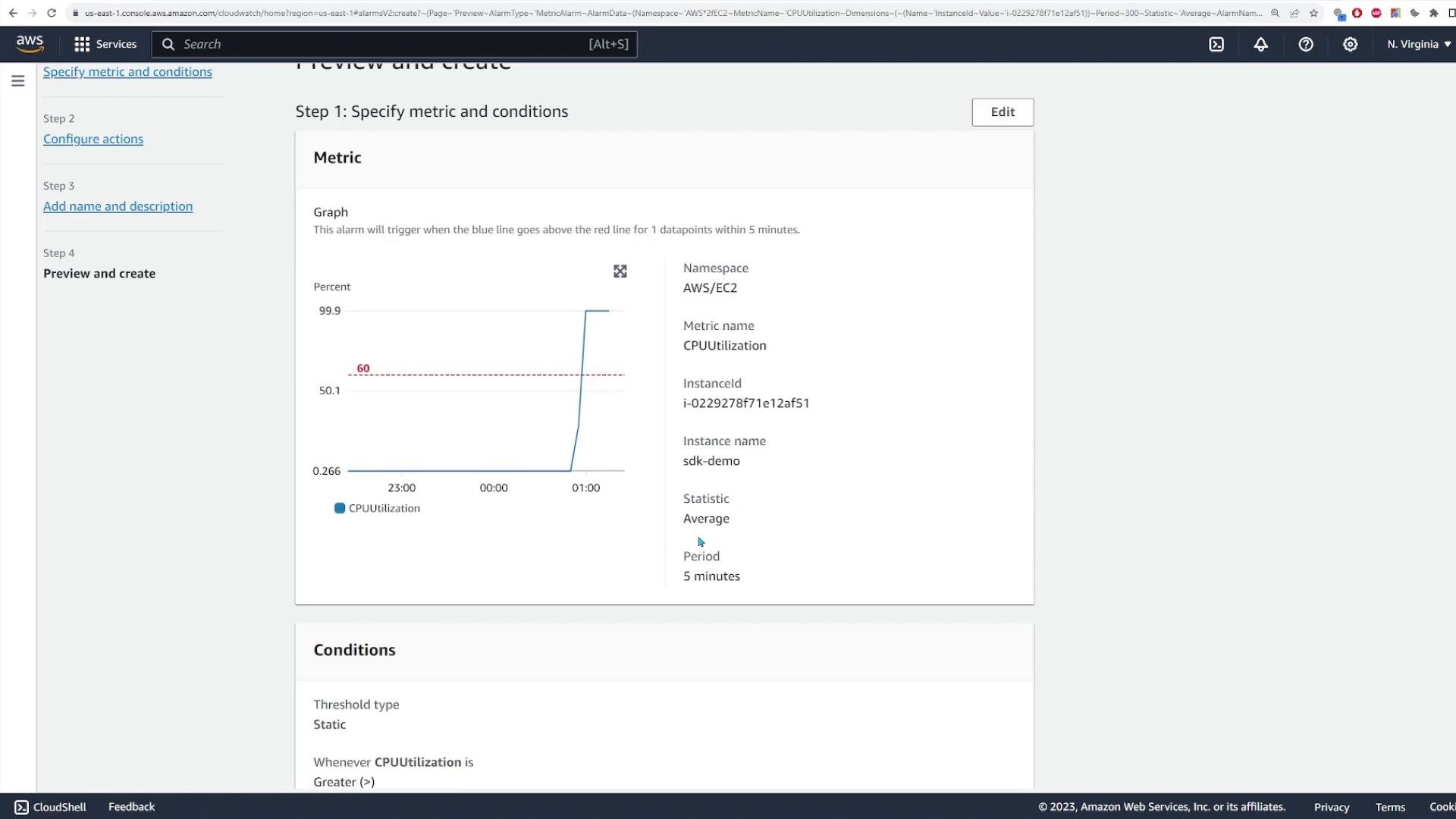 A screenshot of the AWS CloudWatch console showing a metric preview for an EC2 instance, with a CPUUtilization graph that spikes above a red threshold line. The right panel lists metric details (Namespace: AWS/EC2, InstanceId, statistic Average, period 5 minutes).